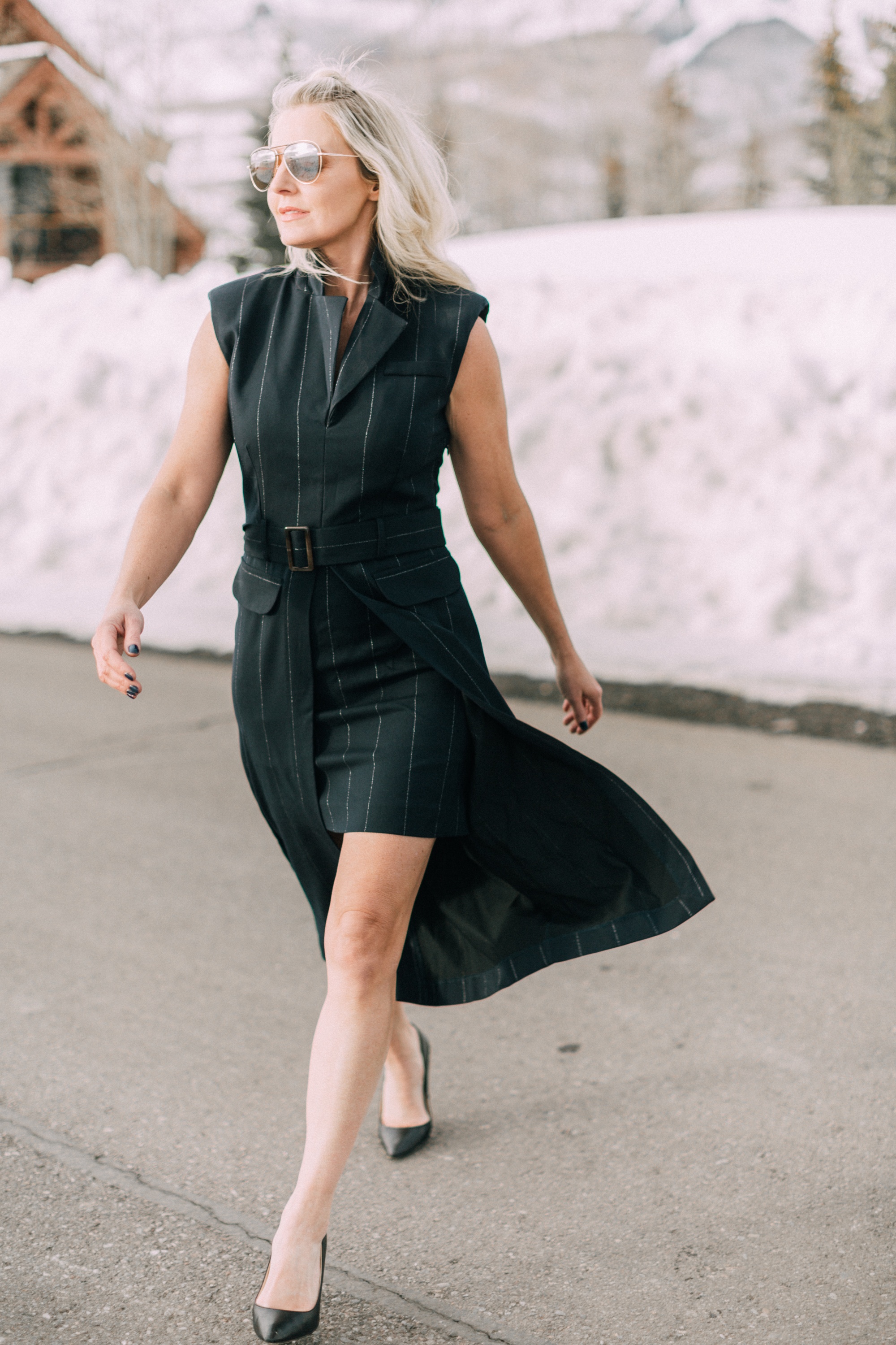 Spring Office Dress, Fashion Blogger Erin Busbee Of Busbeestyle.com Wearing A Navy Pinstripe Dress From Asos With Black Jimmy Choo Pumps In Telluride, Colorado, Talking About Dresses For The Office