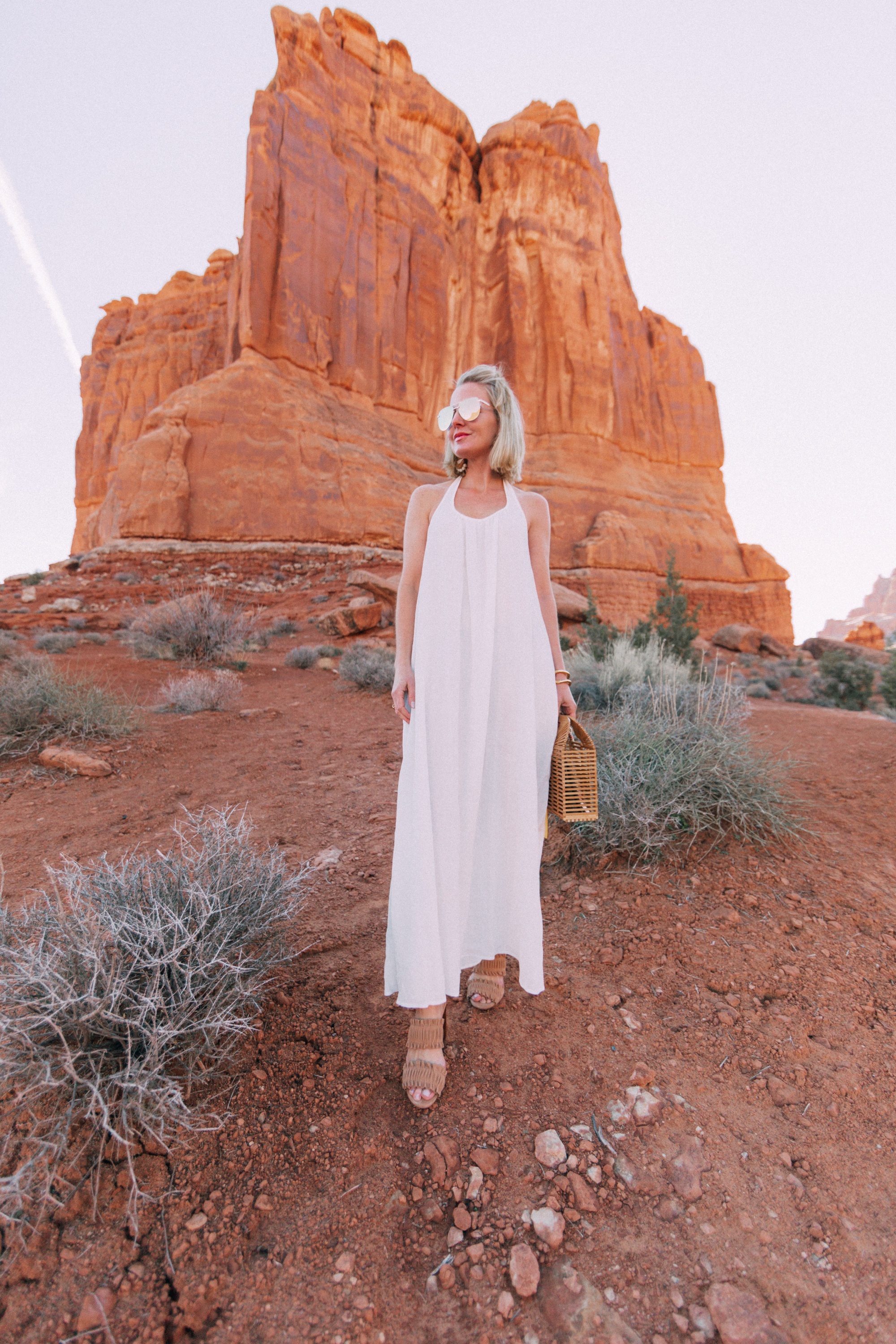 white maxi 9seed coverup with Ann Taylor heels and Vince Camuto bag in Moab, Utah