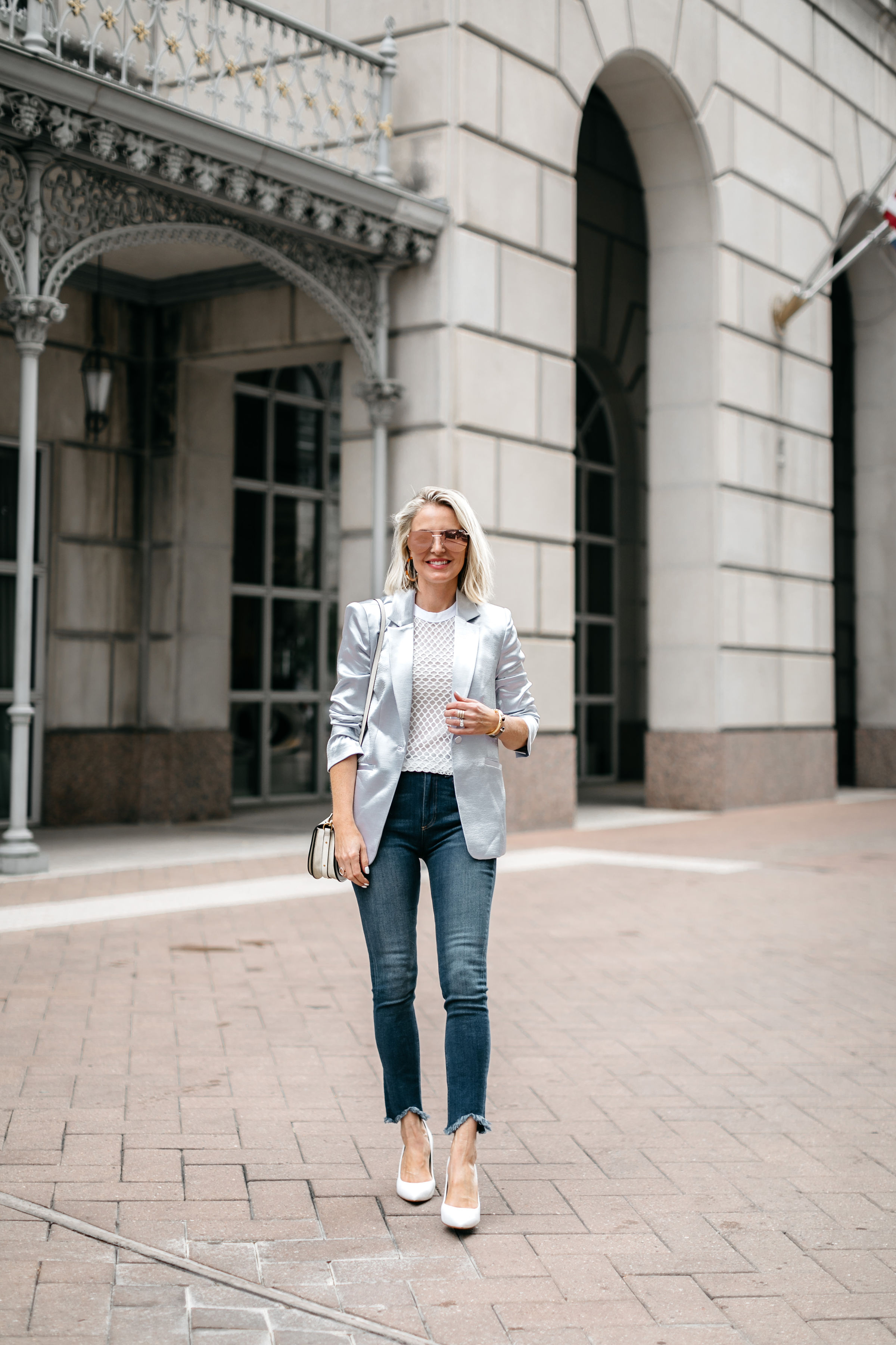 fashion blogger at the rewardstyle conference wearing cinq a sept kylie jacket, white sam edelman hazel pumps, rag & bone skinny jeans and alexander wang fishnet t shirt