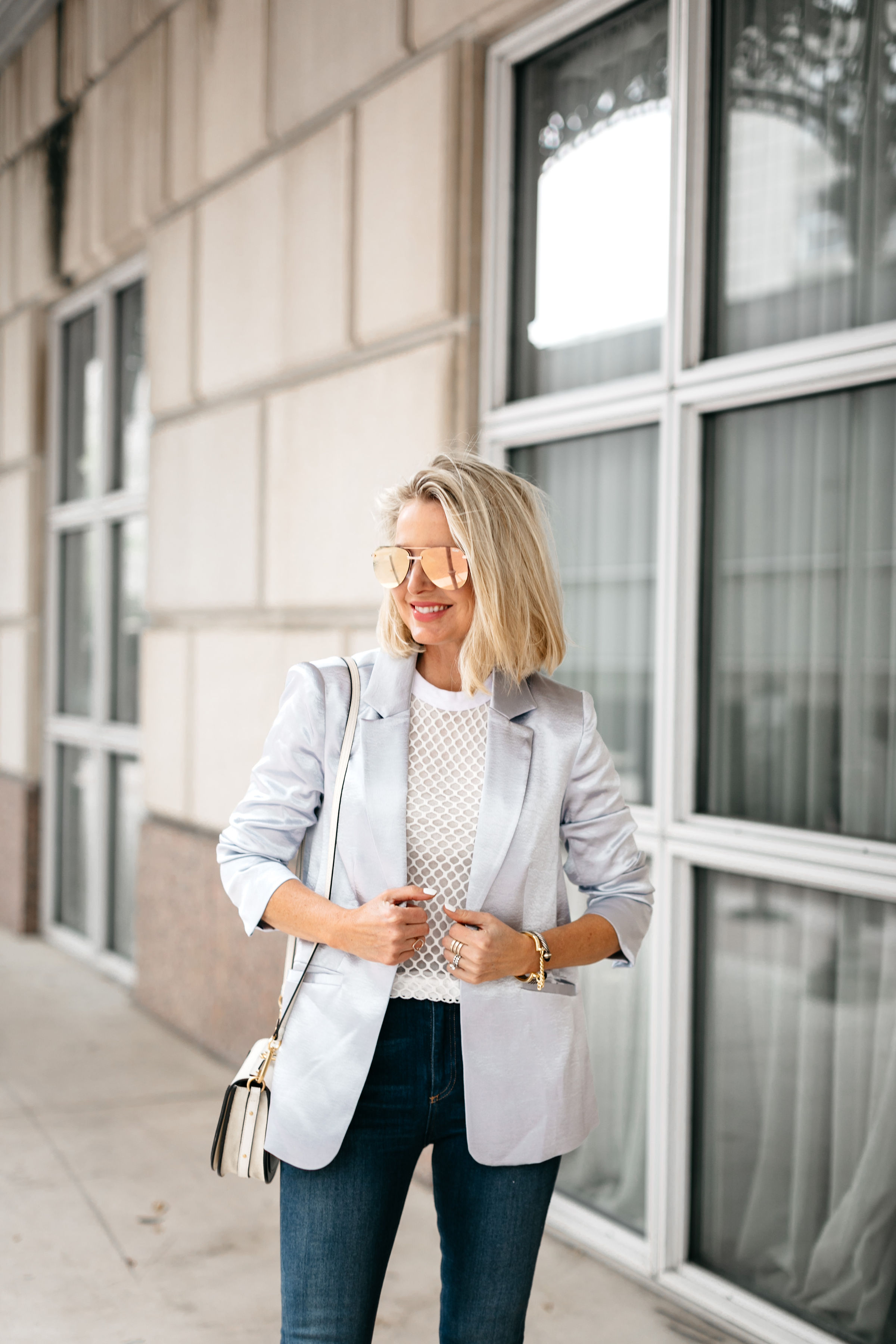 fashion blogger at rewardstyle conference wearing cinq a sept kylie jacket, rag & bone skinny jeans, and chloe small nile bracelet leather crossbody bag