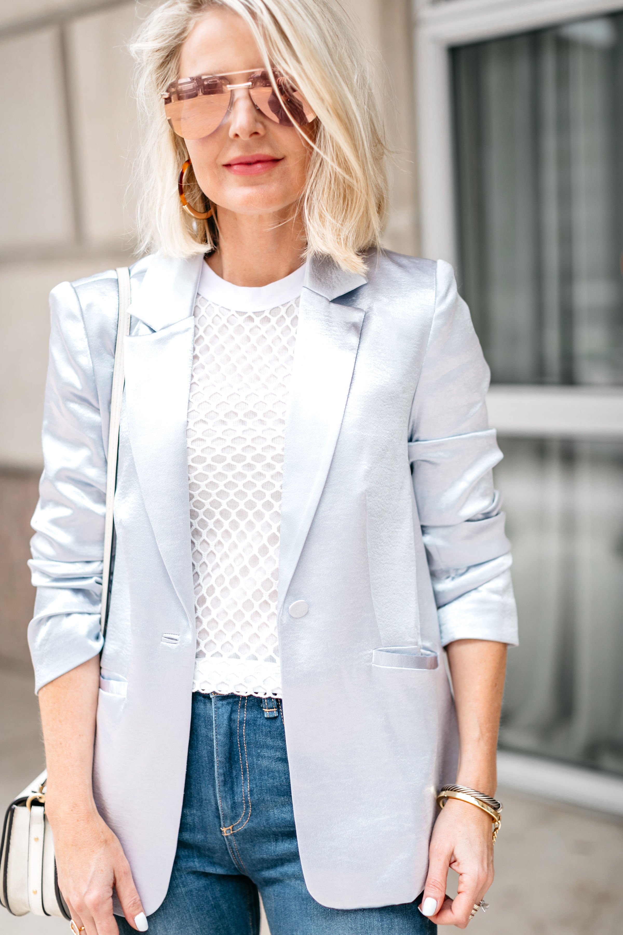 fashion blogger wearing cinq a sept kylie jacket, alexander wang fishnet crew t shirt, chloe small nile bracelet leather crossbody bag