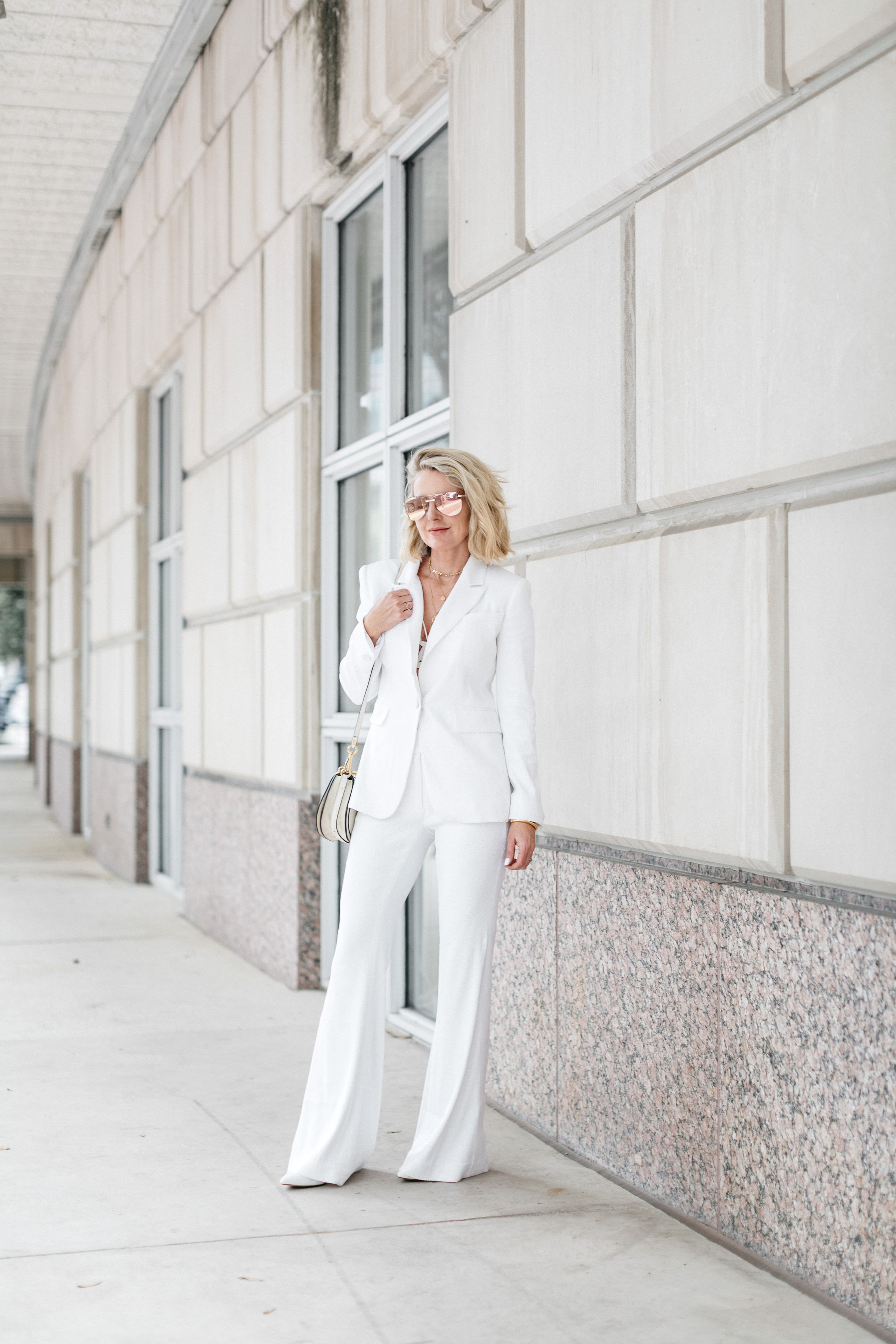Perfect White Suit, Fashion blogger Erin Busbee of BusbeeStyle.com wearing a matching white sequin blazer and wide leg pants by Rachel Zoe, white pointed toe pumps, and a white chloe nile bag in Dallas, Texas, sequin tops for new year's eve, how to wear a sequin top, sequin top outfit ideas