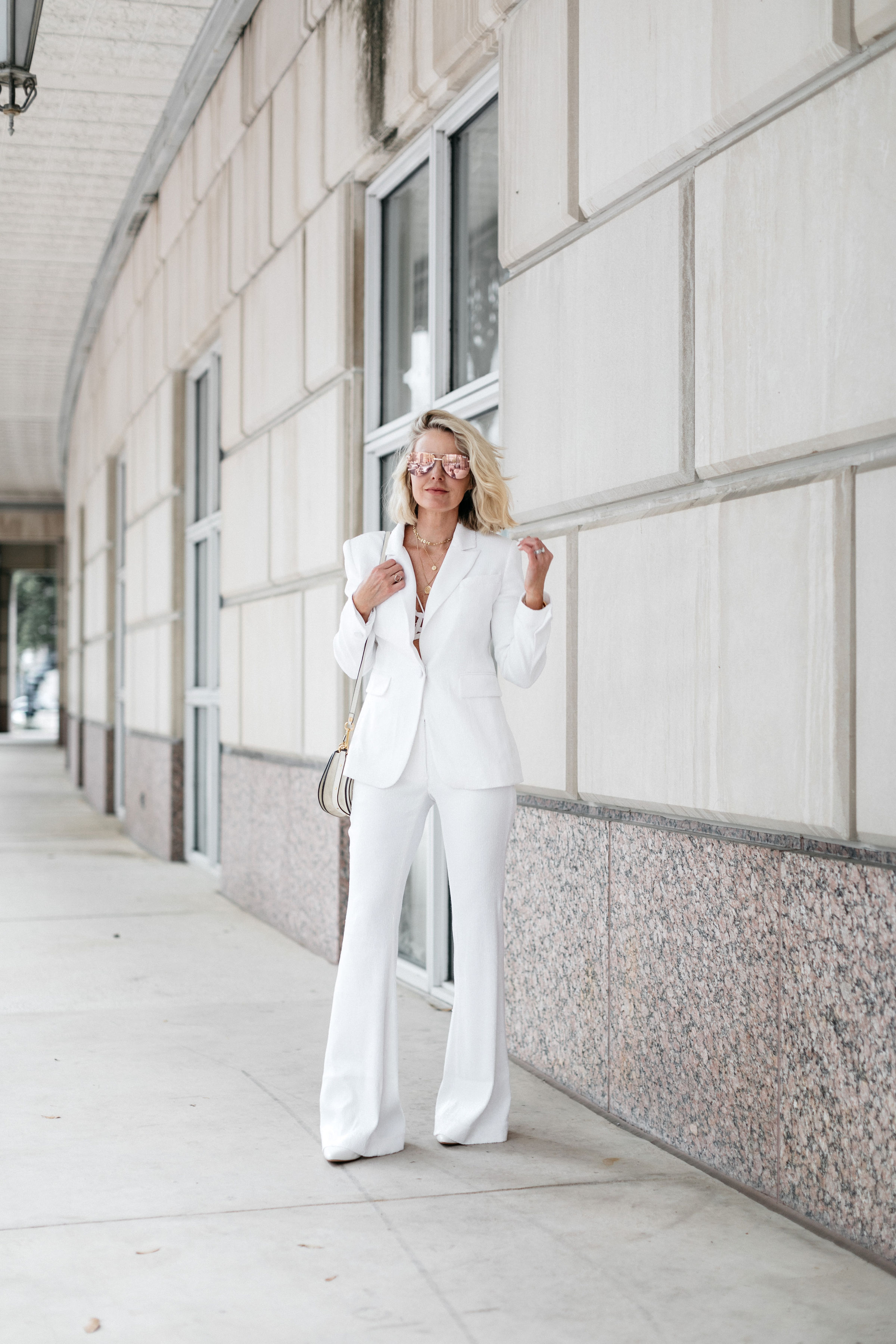 Reward Style Conference 2019, Fashion blogger Erin Busbee of BusbeeStyle.com wearing a white sequin Rachel Zoe pants and blazer in Dallas, Texas
