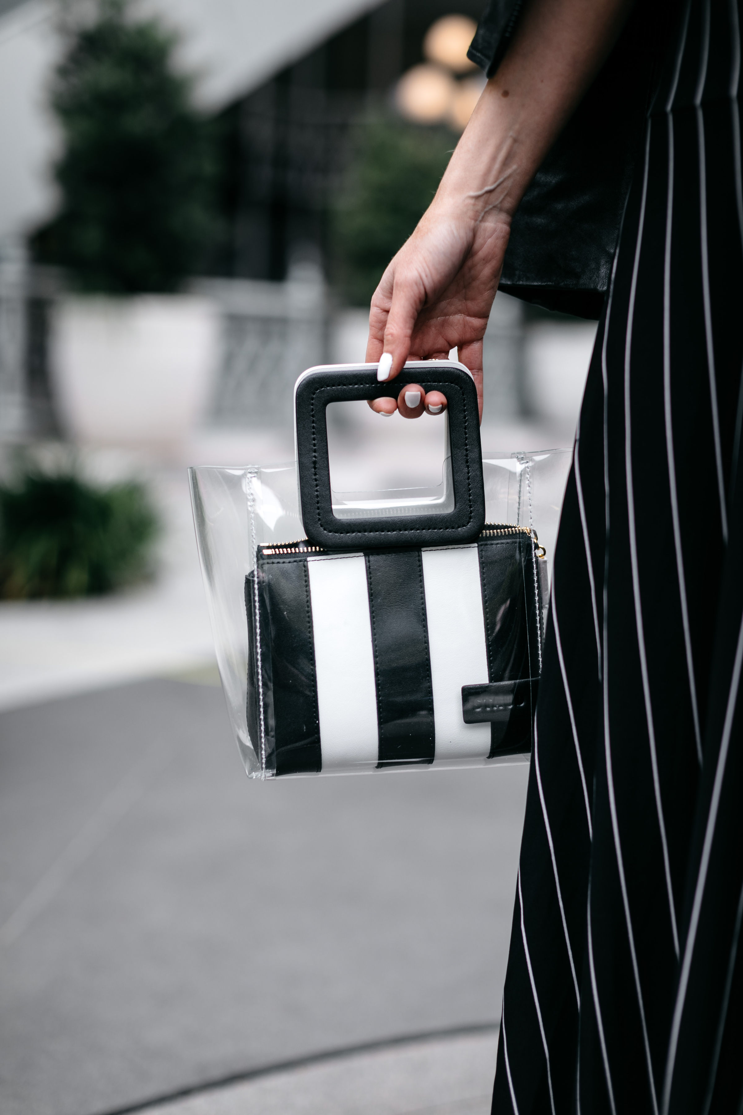 staud shirley black and white stripe leather and PVC mini tote handbag