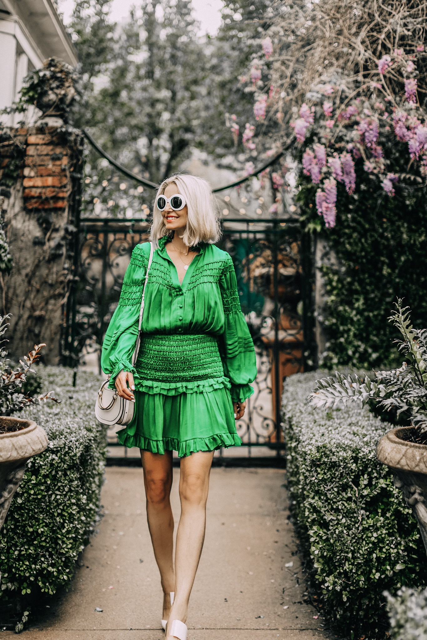 Green dress by Alexis on fashion over 40 blogger Erin Busbee