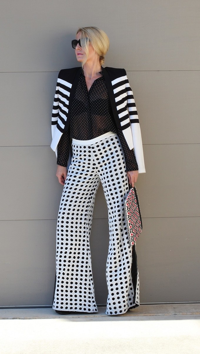 How to mix prints featuring polka dot Alexis pants, black and white polka dot blouse and striped BCBG blazer
