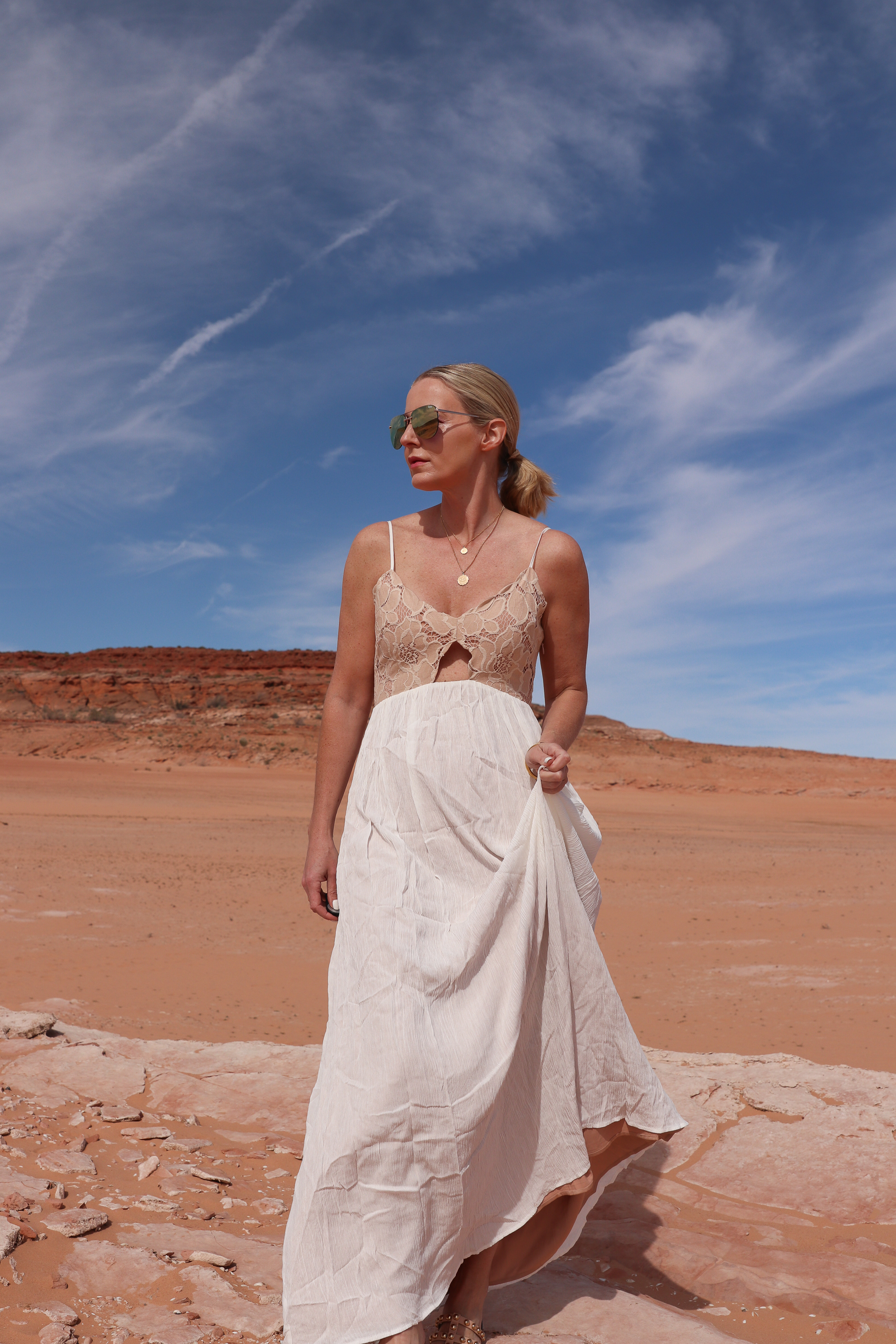 Maxi Dresses, Fashion blogger Erin Busbee of BusbeeStyle.com wearing a lace and cotton maxi dress by Tularosa with Sam Edelman sandals at Lake Powell
