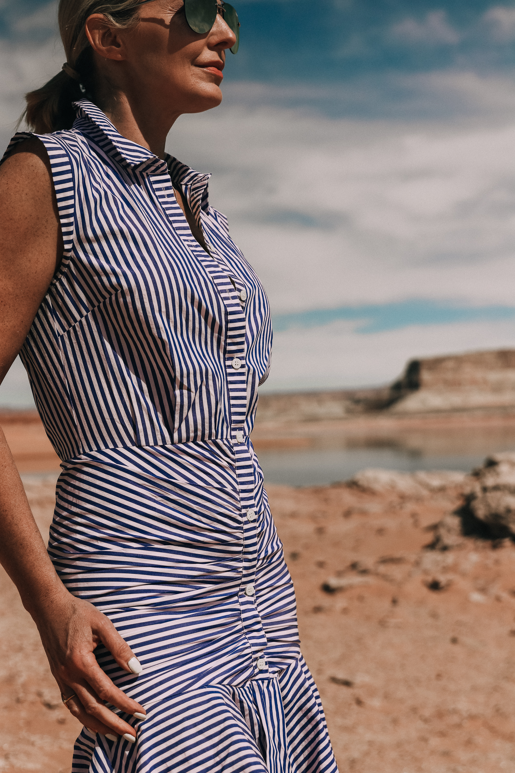 vernonica beard blue and white striped bell button down shirt dress worn by fashion blogger busbee style in lake powell