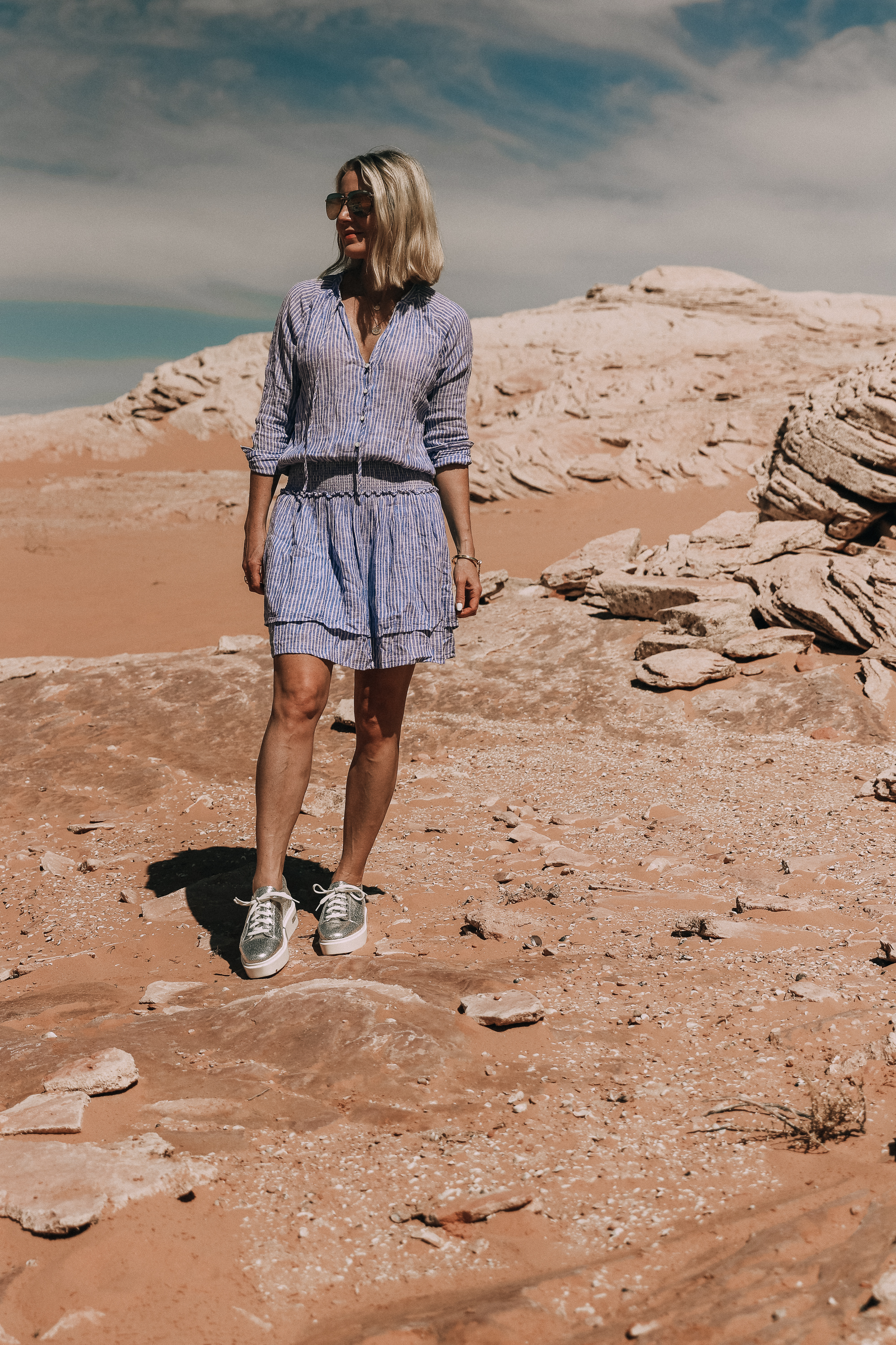 RAILS jasmine striped blue and white dress worn with linea paolo metallic silver kendra platform sneaker in lake powell by fashion blogger busbee style