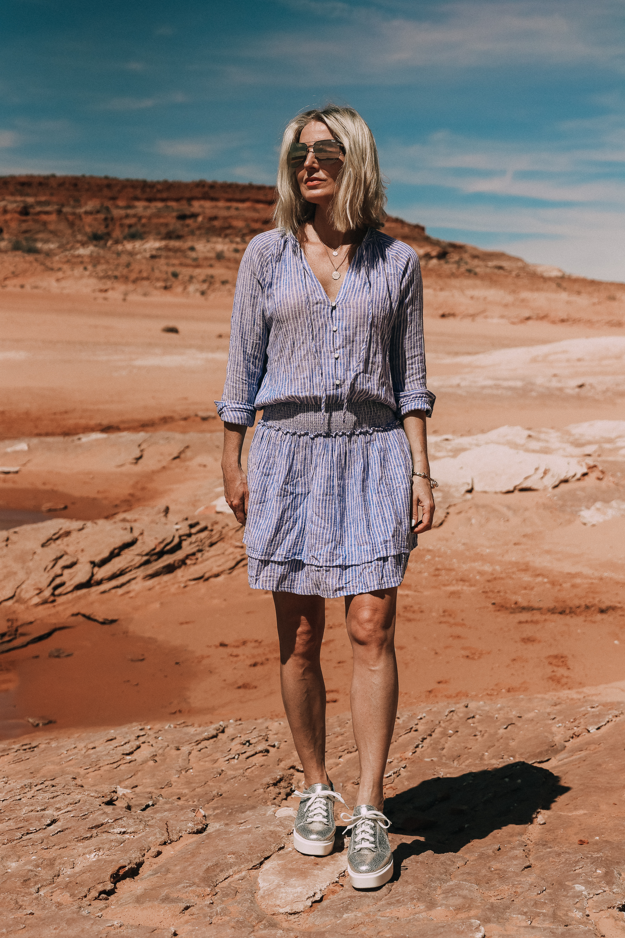 RAILS jasmine striped blue and white dress worn with linea paolo metallic silver kendra platform sneaker in lake powell by fashion blogger busbee style