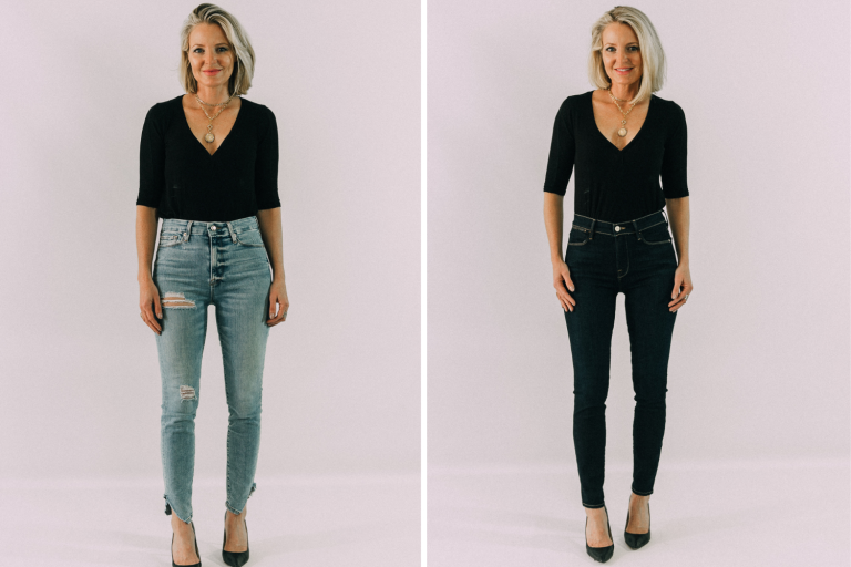 look slimmer with these tips including wearing dark wash skinny jeans versus lighter skinny jeans on fashion over 40 blogger Erin Busbee, how to look slimmer, how to look taller, how to look slimmer without diet or exercise, how to look slimmer without working out, look slim