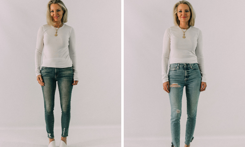 how to instantly look slimmer and skinnier by wearing high rise jeans