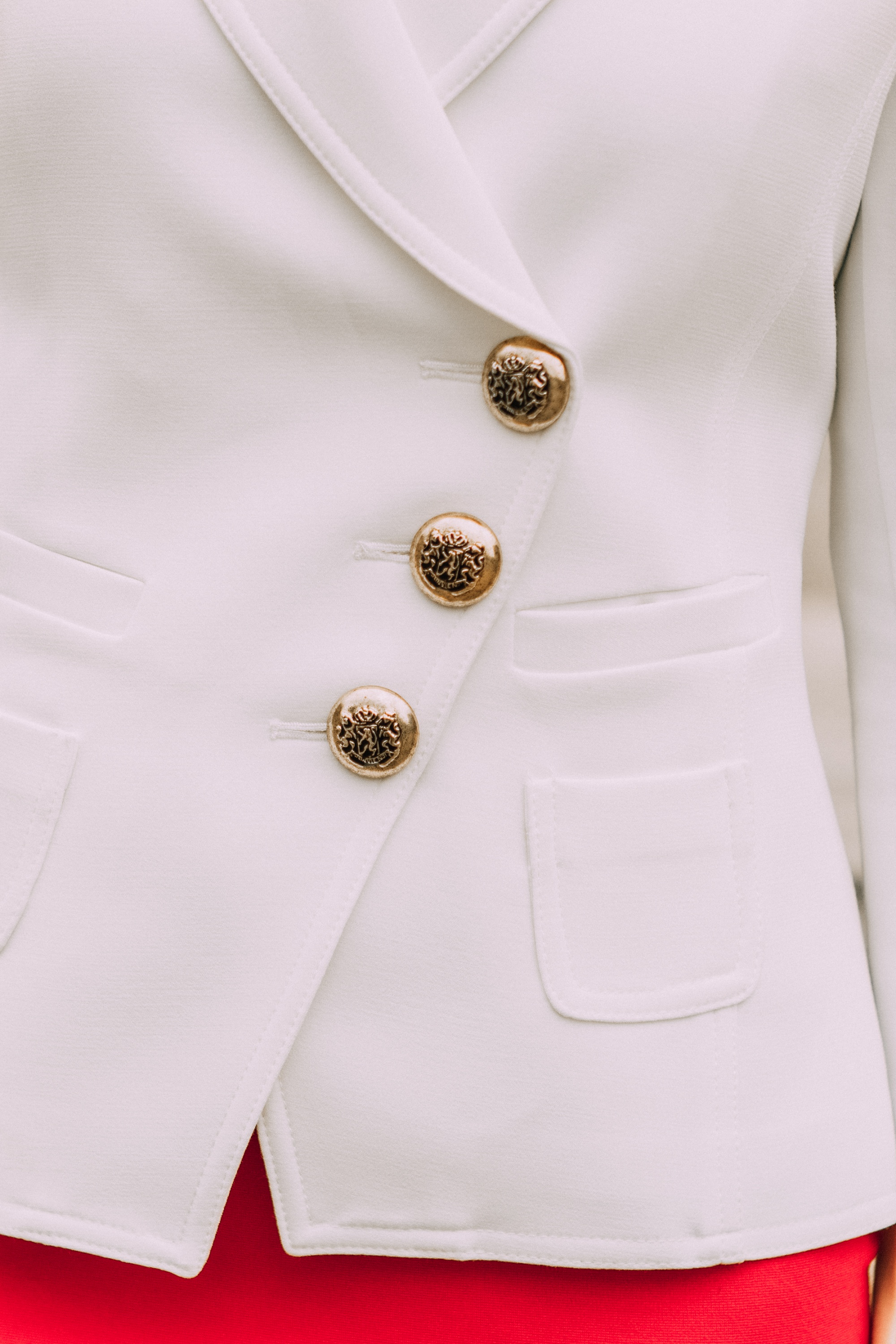 smythe ivory wrap blazer with gold button detail 