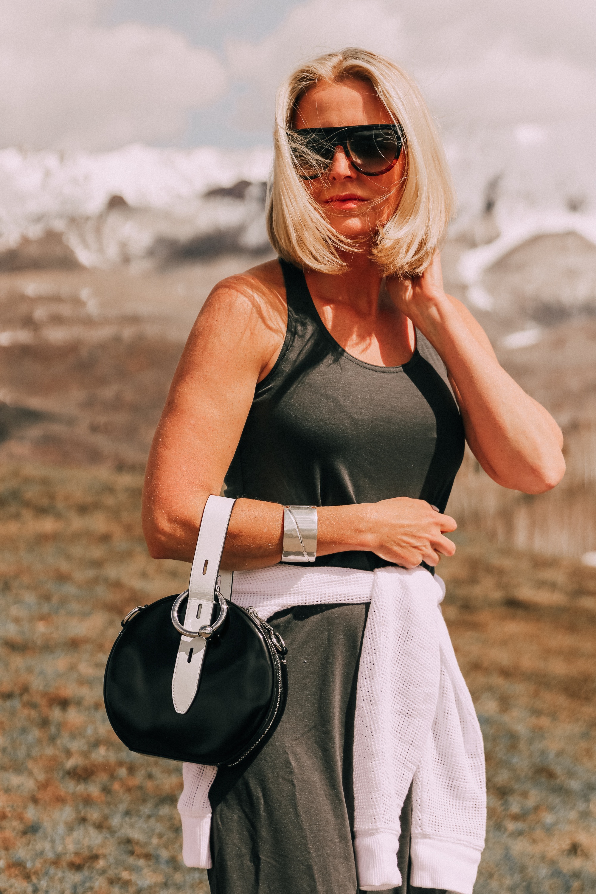 eileen fisher midi tank dress styled with rebecca minkoff kate colorblock circle bag