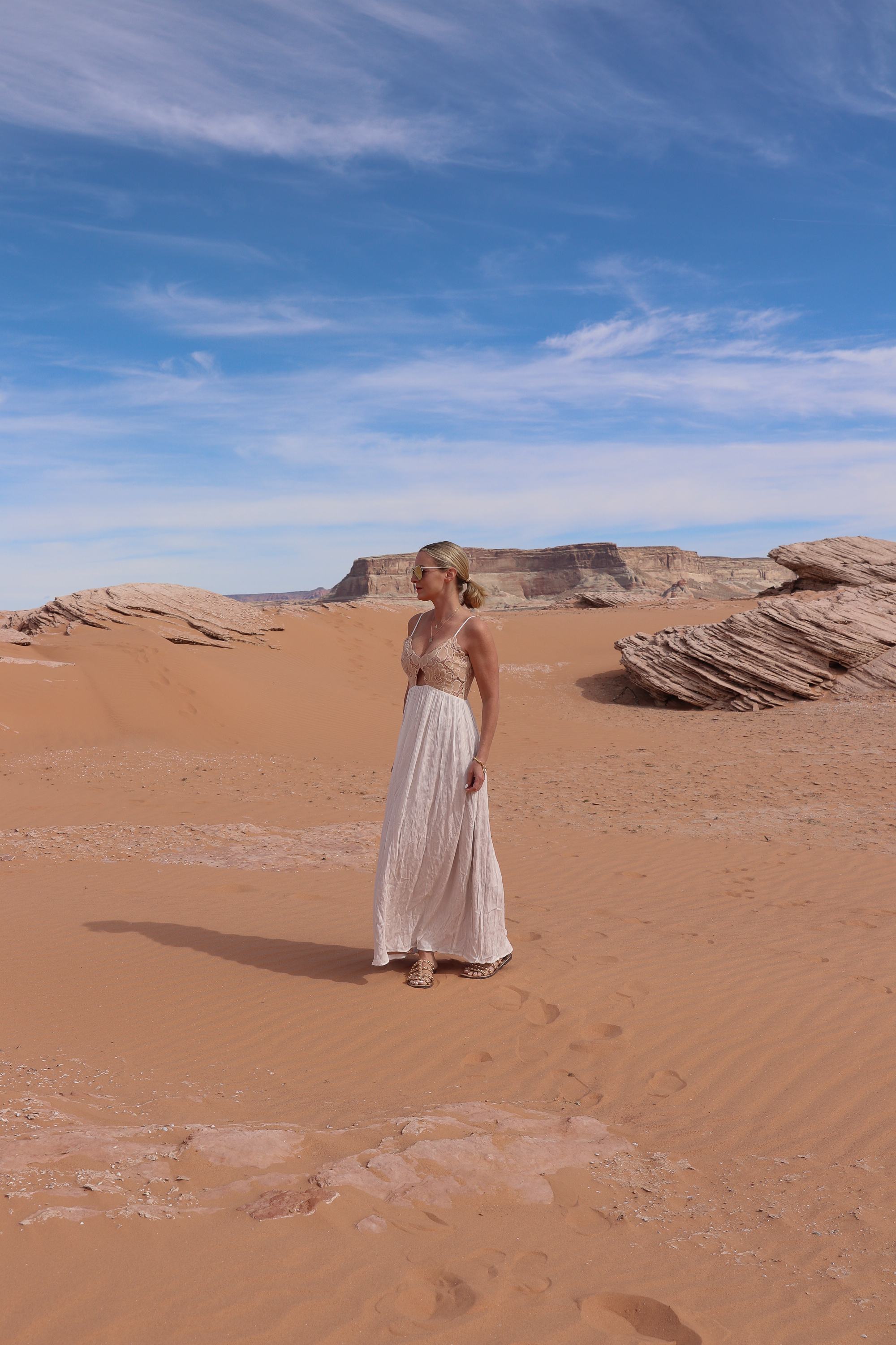 Maxi Dresses, Fashion blogger busbee style wearing lace cotton maxi dress by Tularosa with Sam Edelman sandals at Lake Powell