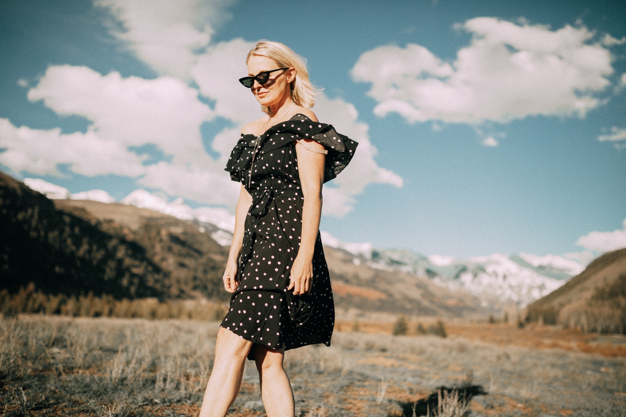 Polka Dot Dress off shoulder on fashion blogger Erin Busbee of Busbee Style