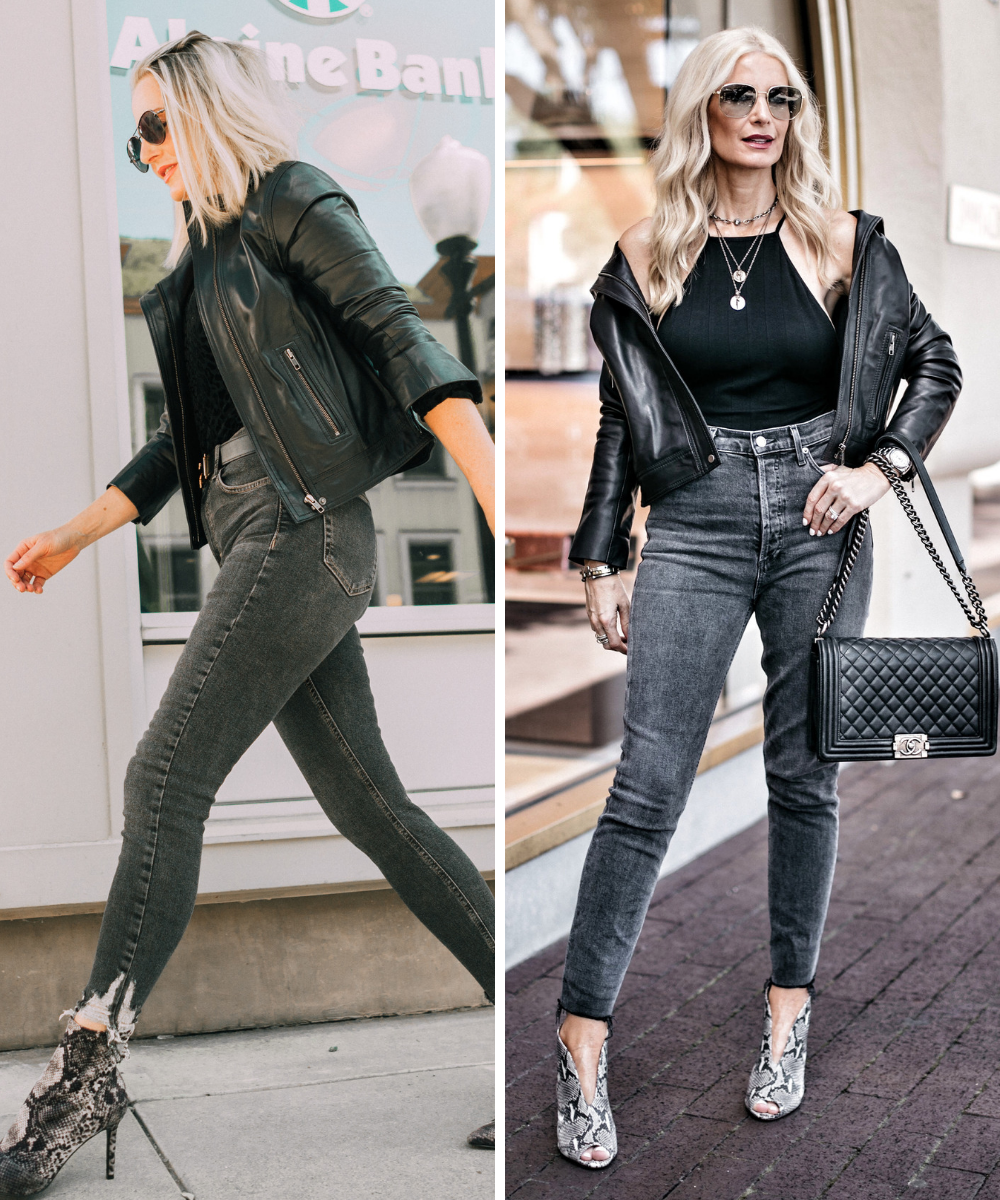 Leather Moto Jacket, Fashion blogger over 40 Erin Busbee of BusbeeStyle.com featuring the Chelsea28 black leather jacket from the Nordstrom Anniversary Sale 2019 styled with the velvet leopard bodysuit, Topshop jeans, and Charles Davidson python print booties from Nordstrom in Telluride, Colorado