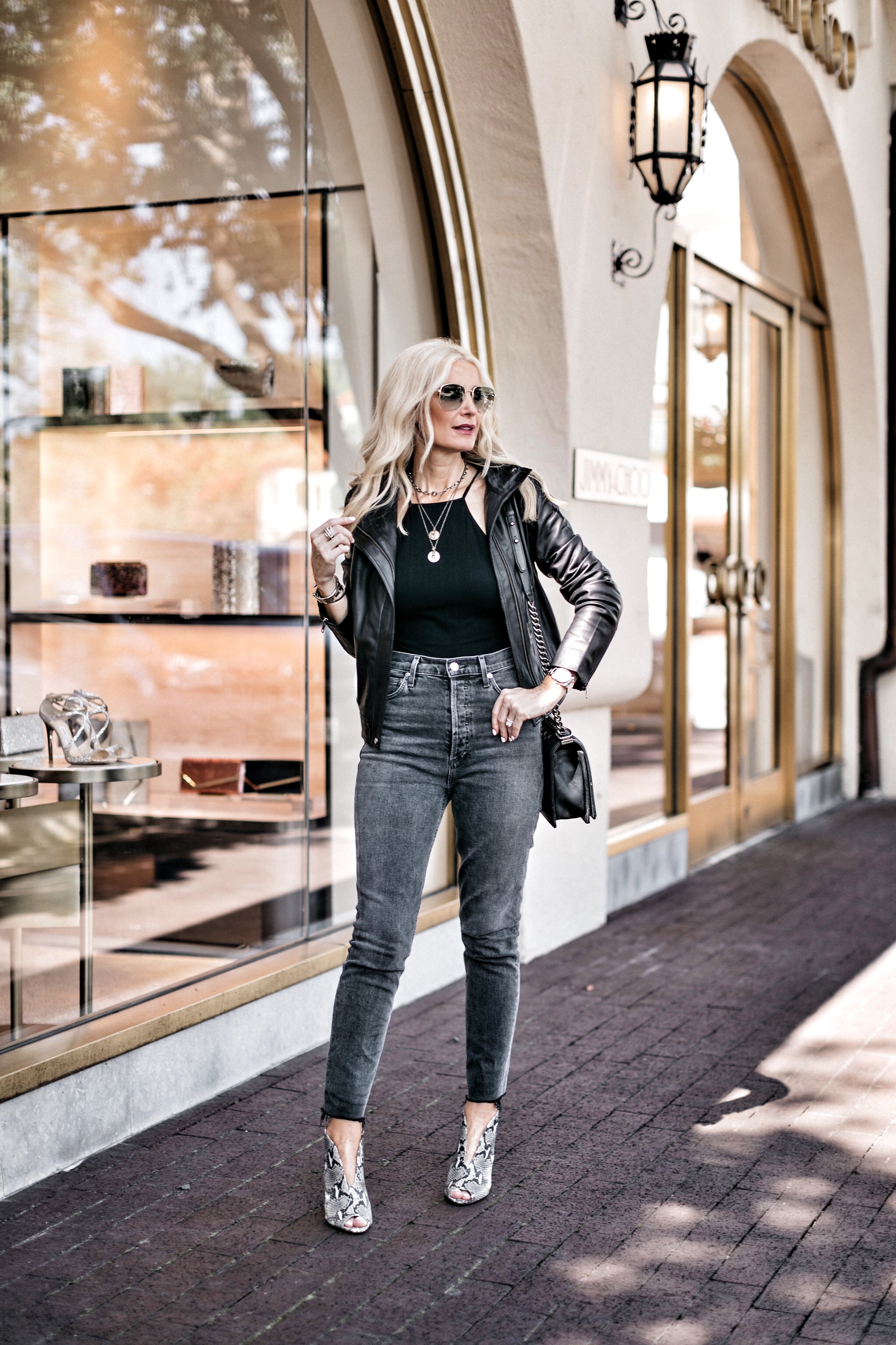 Leather Moto Jacket, Fashion blogger over 40 Erin Busbee of BusbeeStyle.com and Heather Anderson of SoHeather featuring the Chelsea28 black leather jacket from the Nordstrom Anniversary Sale 2019 in Dallas, Colorado