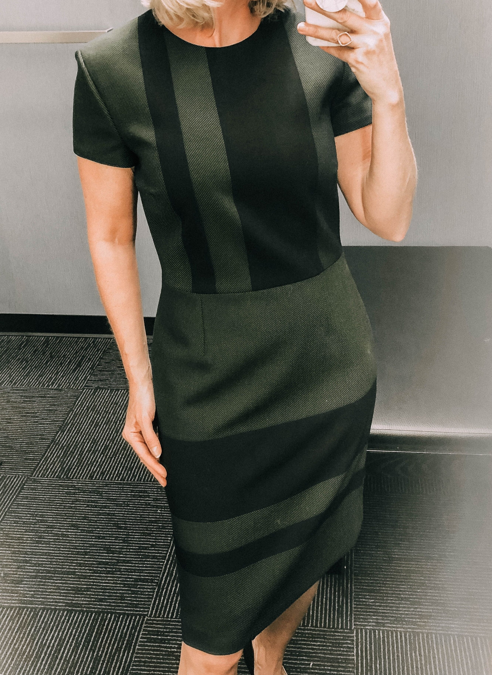 Nordstrom Sale Dresses, Fashion blogger Erin Busbee of BusbeeStyle.com featuring a green and black Boss dress perfect for the office from the Nordstrom Anniversary Sale 2019