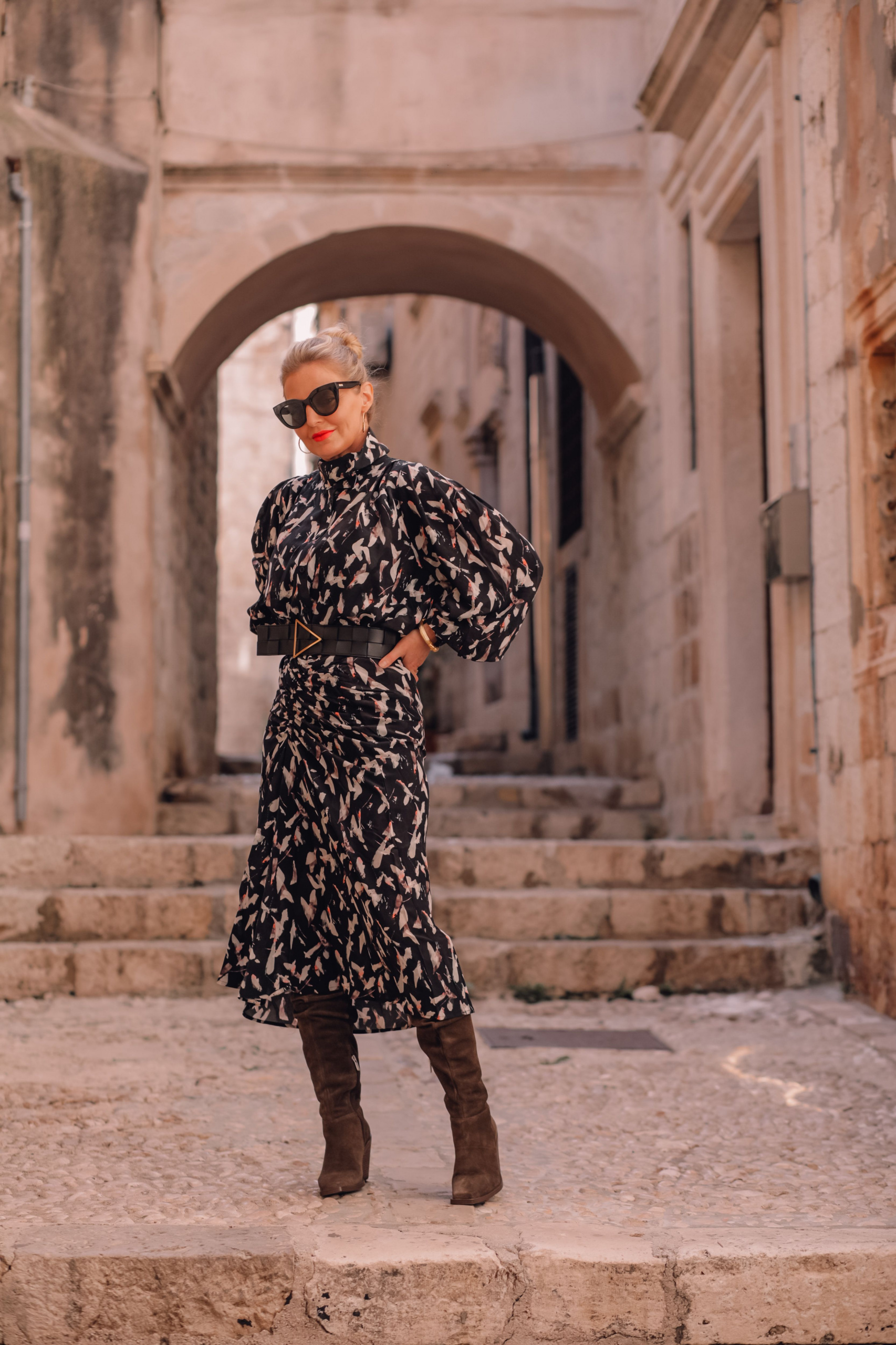 IRO printed midi skirt, IRO printed blouse, Bottega Veneta waist belt, Vince Camuto slouchy tall boot, Dubrovnik, Erin Busbee fashion blogger over 40