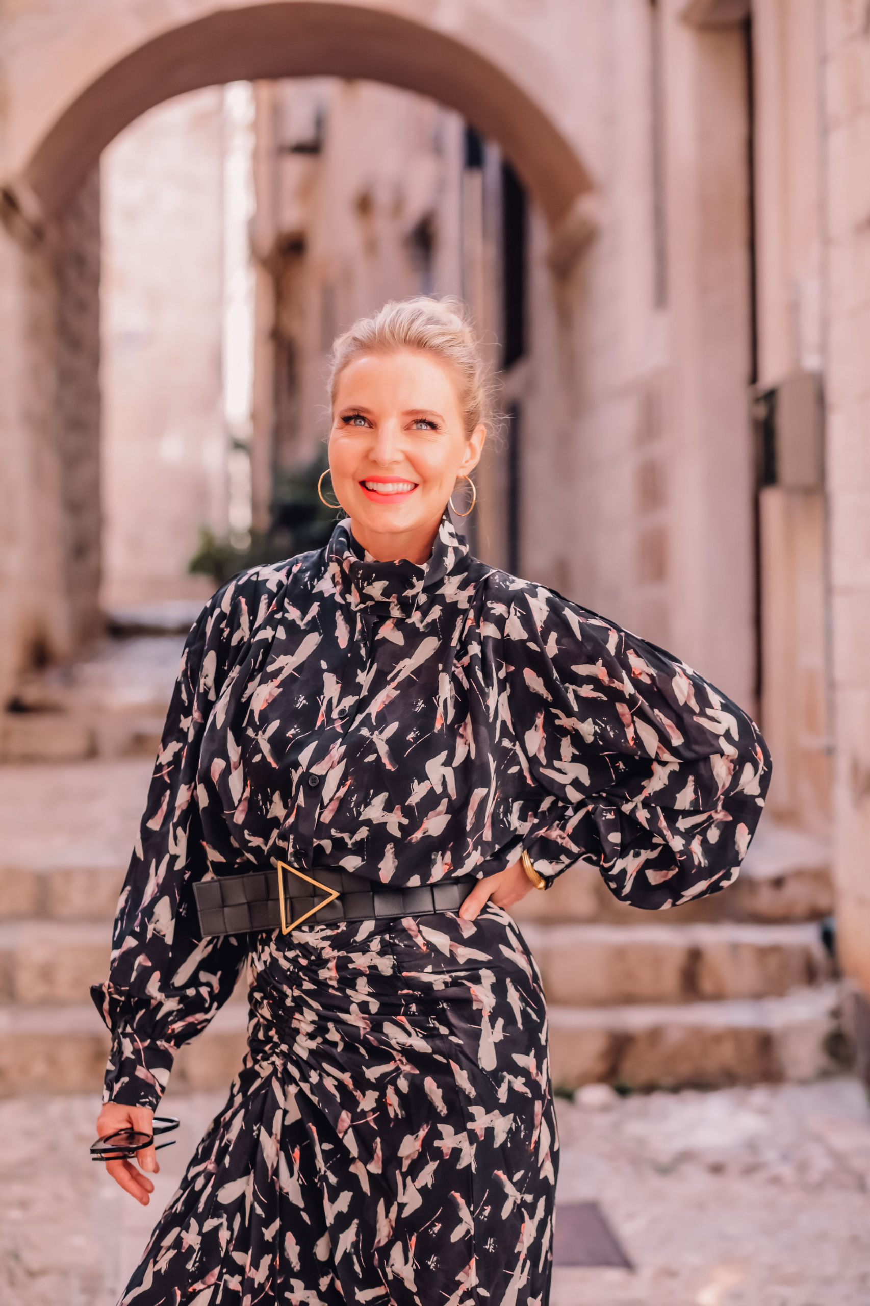 IRO printed midi skirt, IRO printed blouse, Bottega Veneta waist belt, Vince Camuto slouchy tall boot, Dubrovnik, Erin Busbee fashion blogger over 40