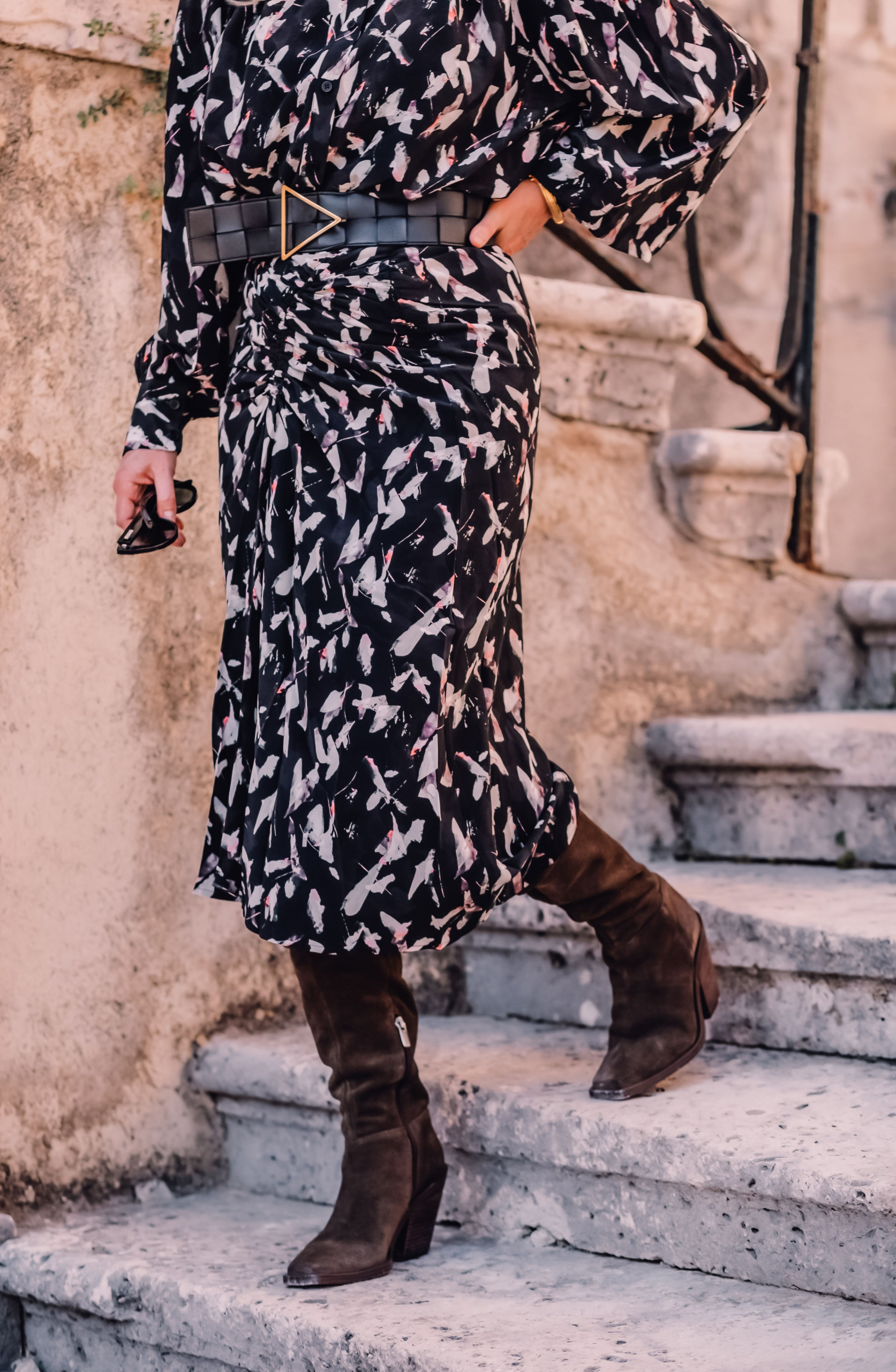 IRO printed midi skirt, IRO printed blouse, Bottega Veneta waist belt, Vince Camuto slouchy tall boot, Dubrovnik, Erin Busbee fashion blogger over 40