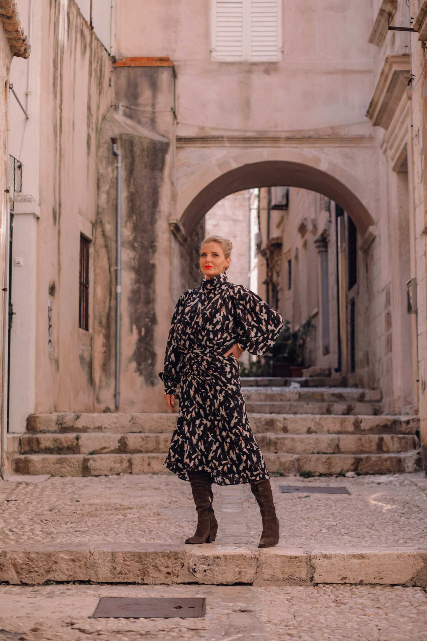 IIRO printed midi skirt, IRO printed blouse, Bottega Veneta waist belt, Vince Camuto slouchy tall boot, Dubrovnik, Erin Busbee fashion blogger over 40