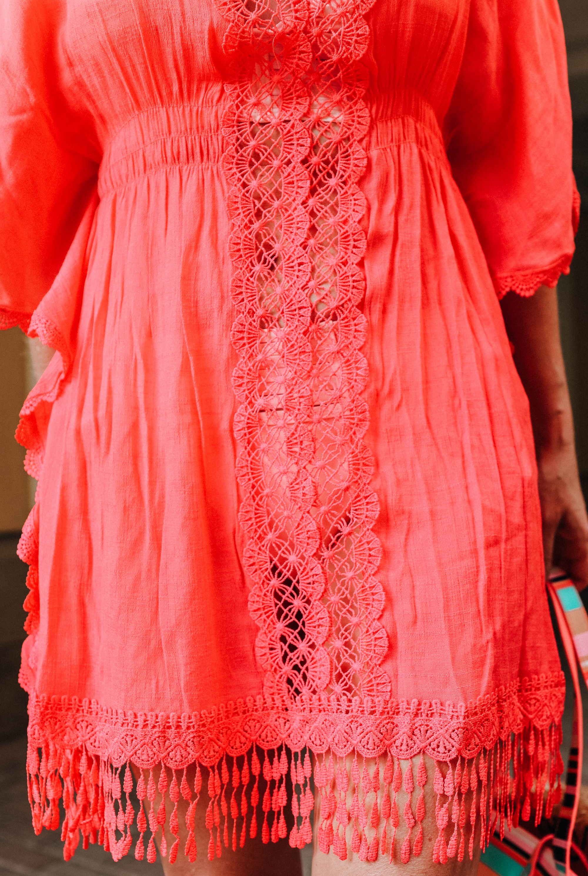 Affordable Swimwear, Fashion blogger Erin Busbee of BusbeeStyle.com wearing a coral kimono coverup with a strappy bikini and metallic sandals from Walmart