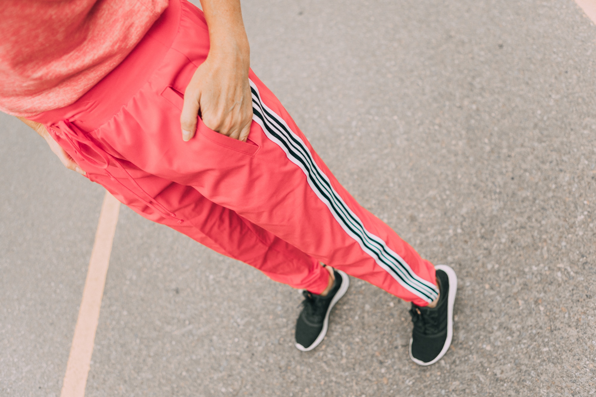 Affordable Activewear From Walmart, Fashion blogger Erin Busbee of BusbeeStyle.com wearing pink racing stripe joggers by Athletic Works from Walmart in Telluride, CO