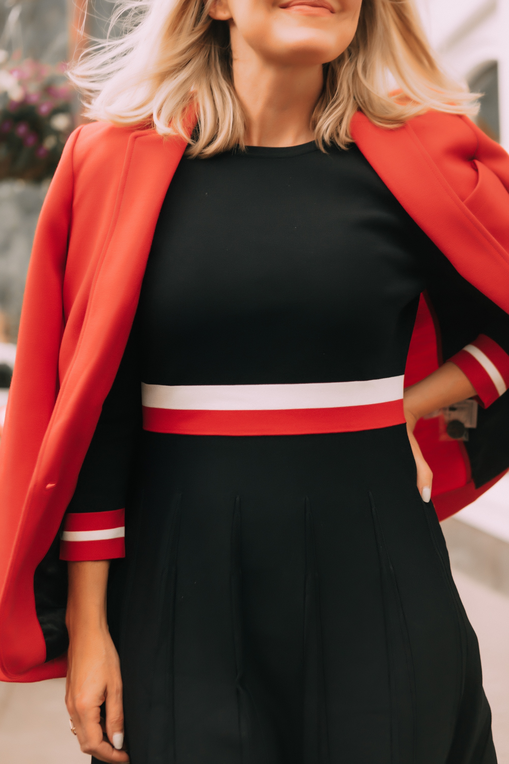 Colorful Office Outfits, Fashion blogger Erin Busbee of BusbeeStyle.com wearing a red knit blazer and navy striped fit and flare dress by Tommy Hilfiger in Telluride, CO