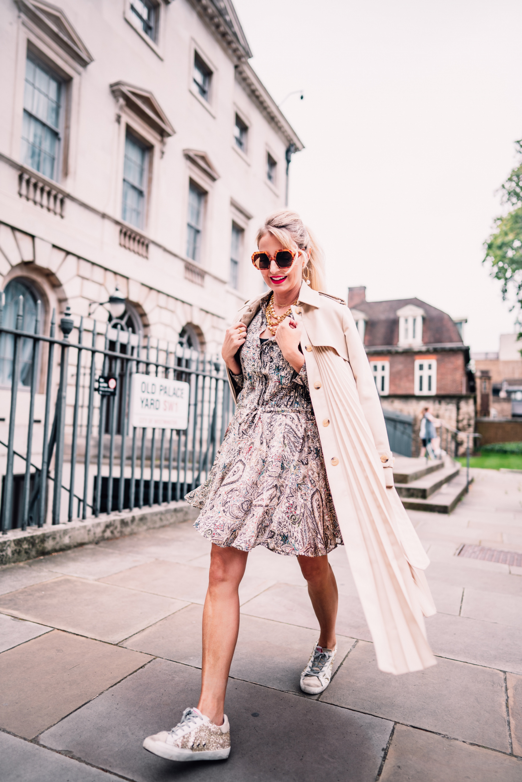 trench coat outfits, zadig & voltaire printed dress, sandro pleated trench, erin bsubee, london, england