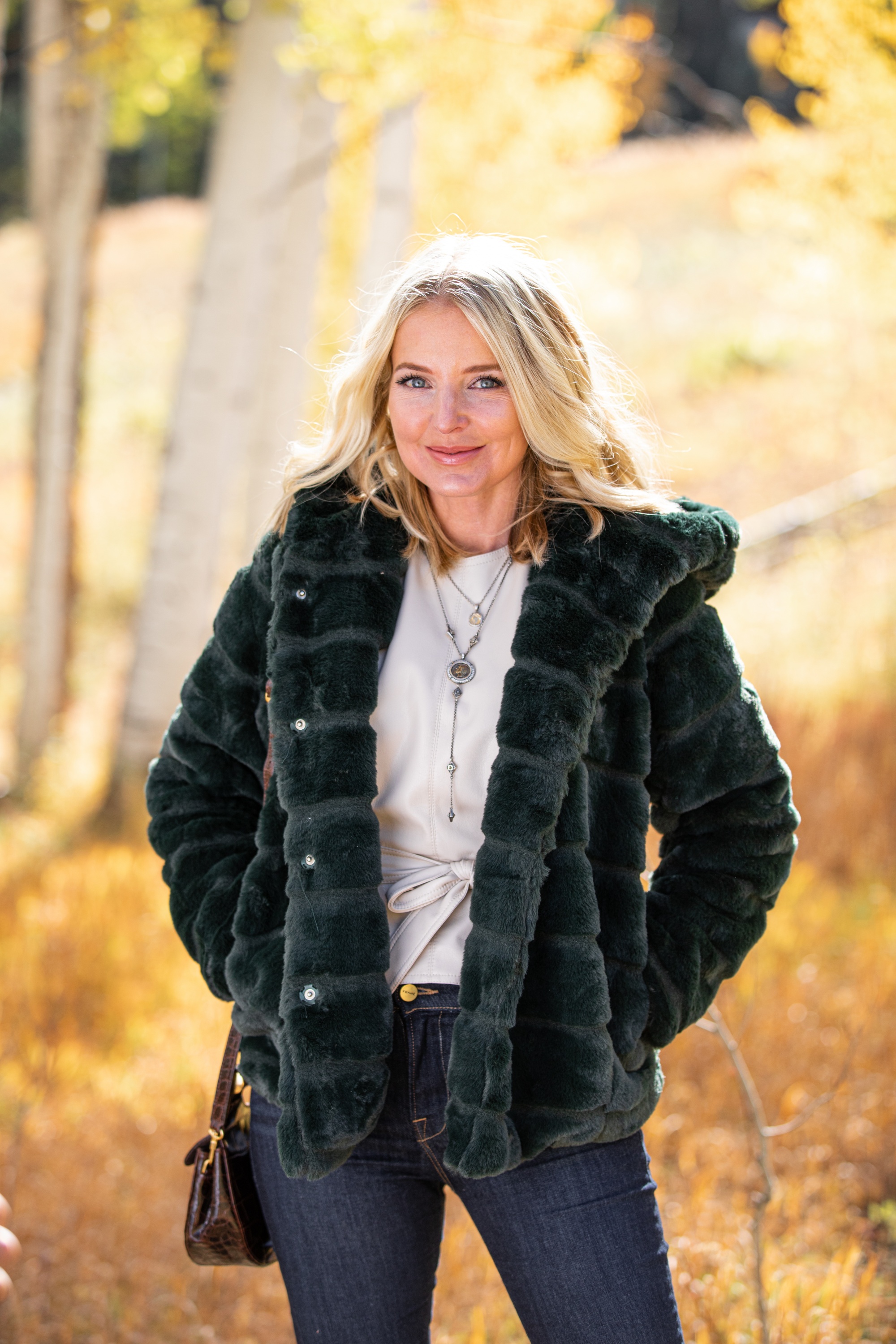 faux fur green apparis goldie hooded jacket fashion blogger outfit for fall and winter