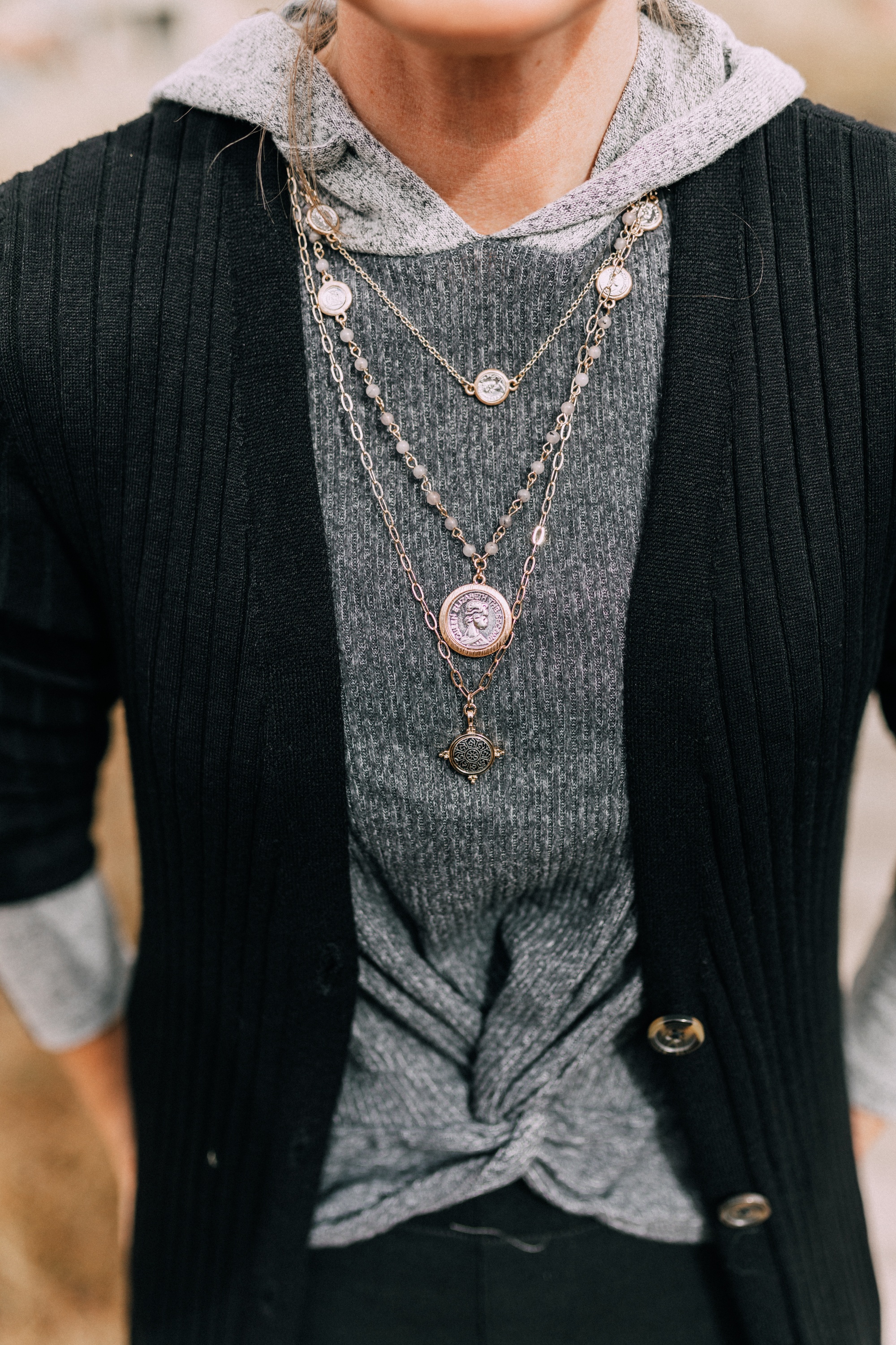 walmart fashion clothing outfit long black cardigan with gray twist front hoodie long layered necklaces