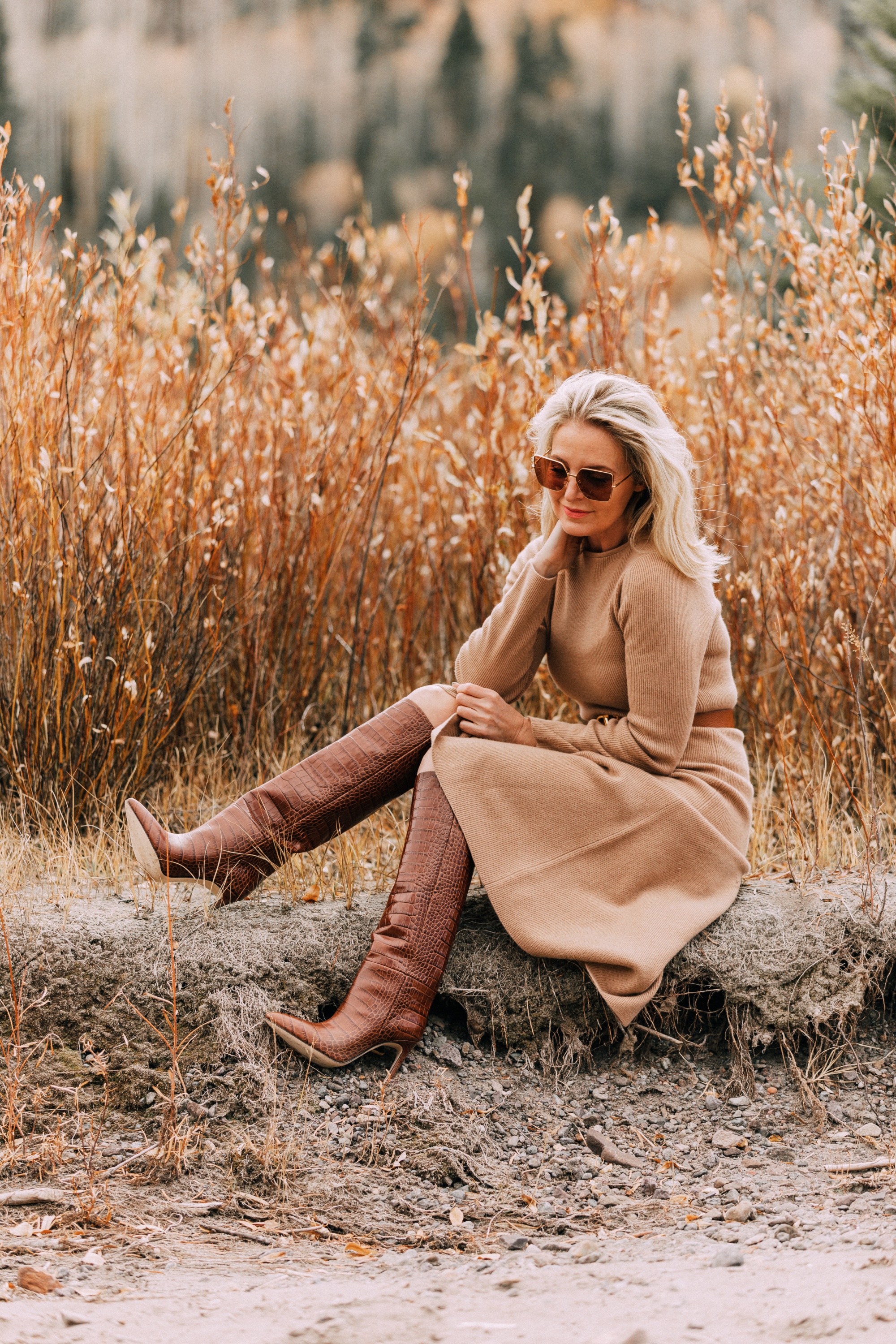 Fashion Blogger Busbee Style wearing Paris Texas crocodile embossed brown leather knee high boots Nordstrom Signature camel sweater dress Valentino waist belt
