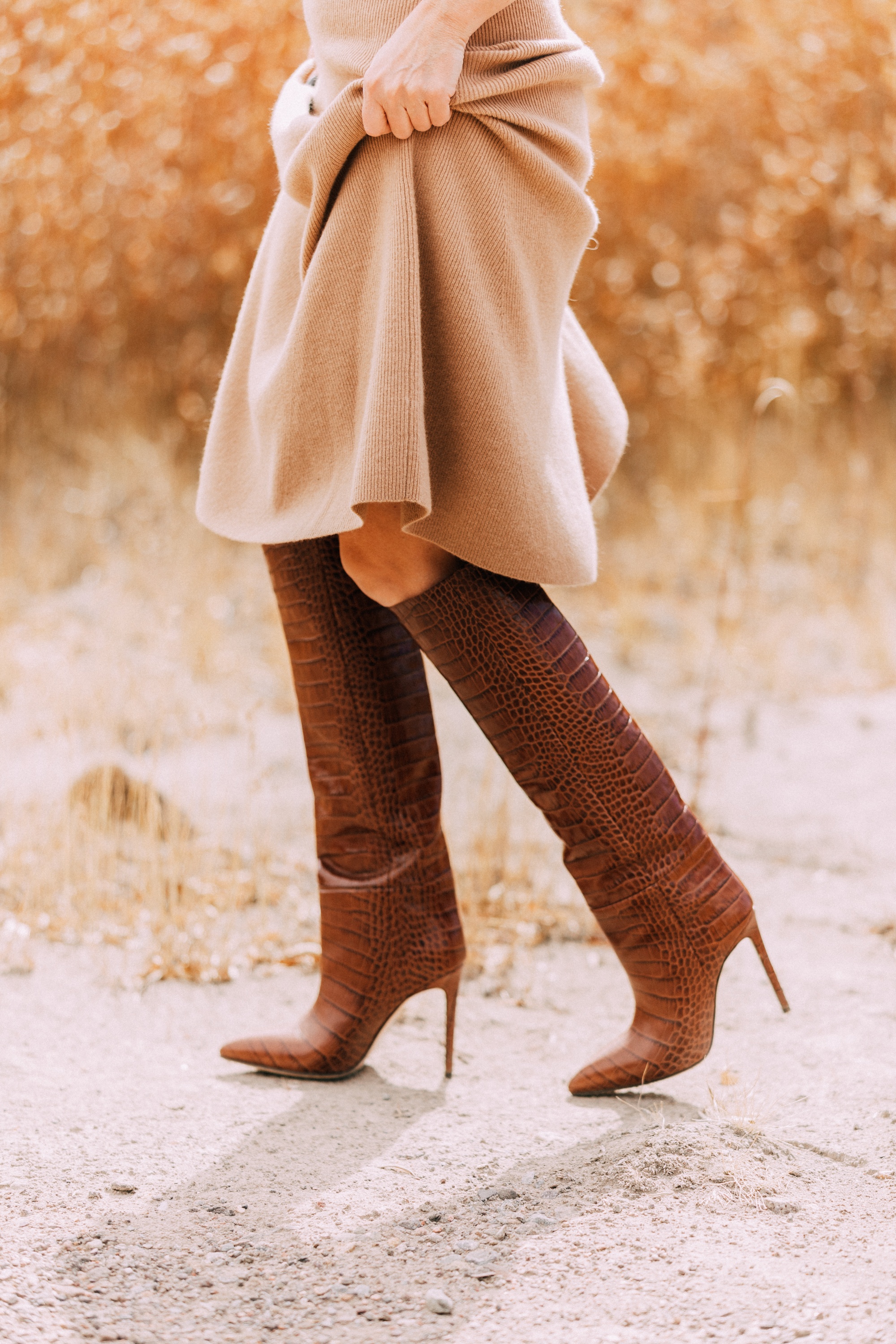 paris texas crocodile embossed leather knee high stilettos boots with camel sweater dress