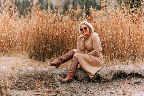 Killer Brown Boots, Fashion Blogger Erin Busbee of BusbeeStyle.com wearing a camel sweater dress by Nordstrom Signature with a Valentino waist belt and brown Paris Texas croc-embossed boots in Telluride, CO