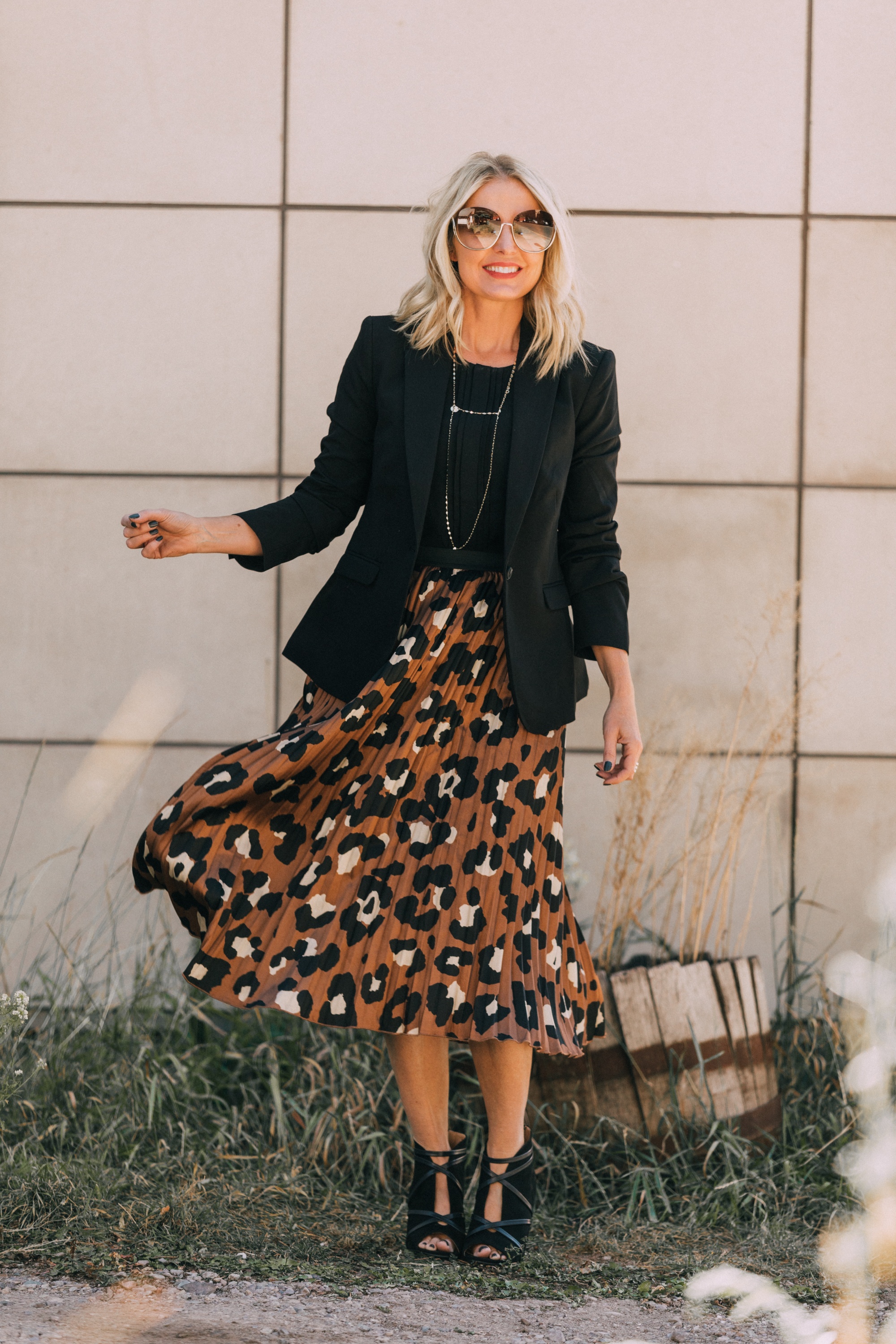 Affordable Blazers fashion blogger outfit with leopard print midi skirt workwear