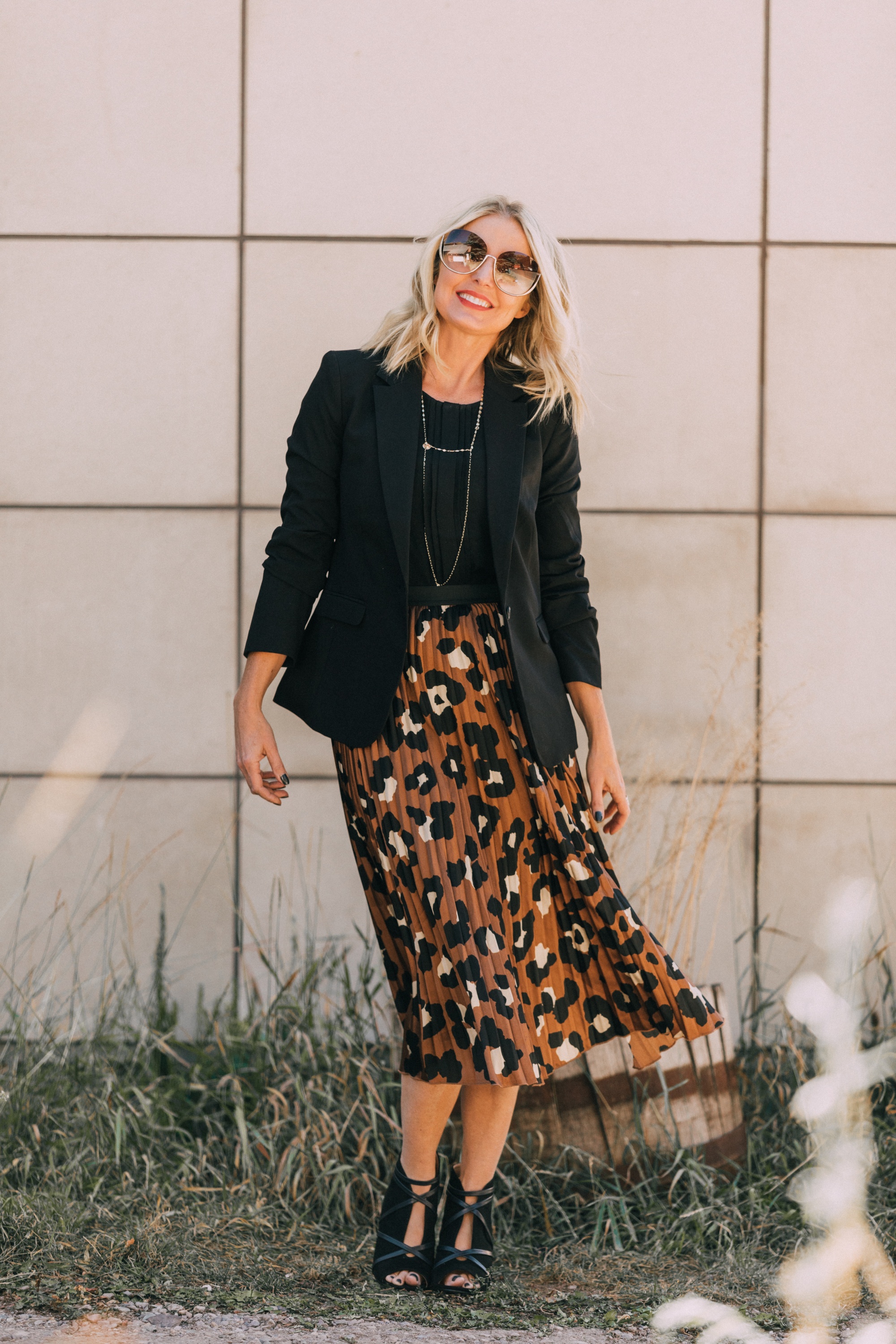 Affordable Blazers fashion blogger outfit with pleated leopard print midi skirt workwear