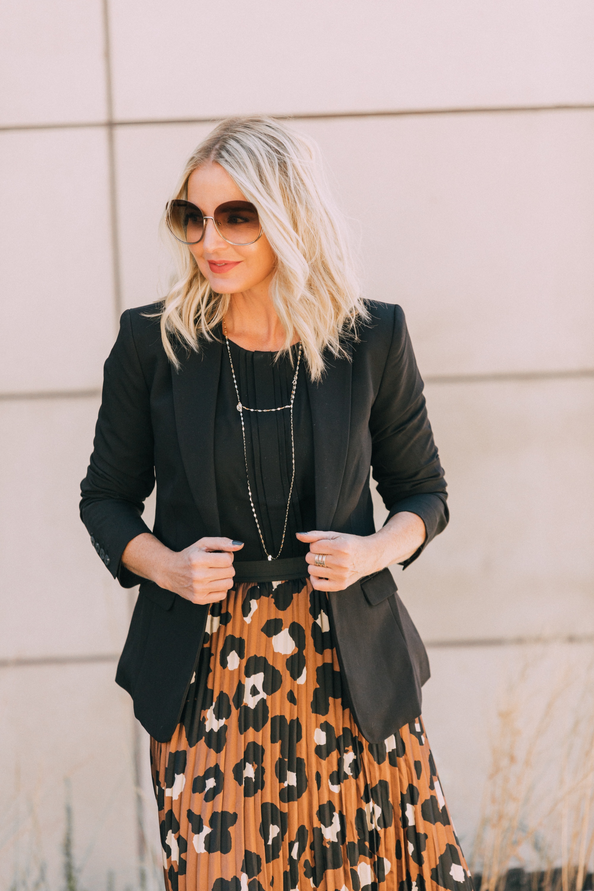 Affordable Blazers fashion blogger outfit with pleated leopard print midi skirt workwear