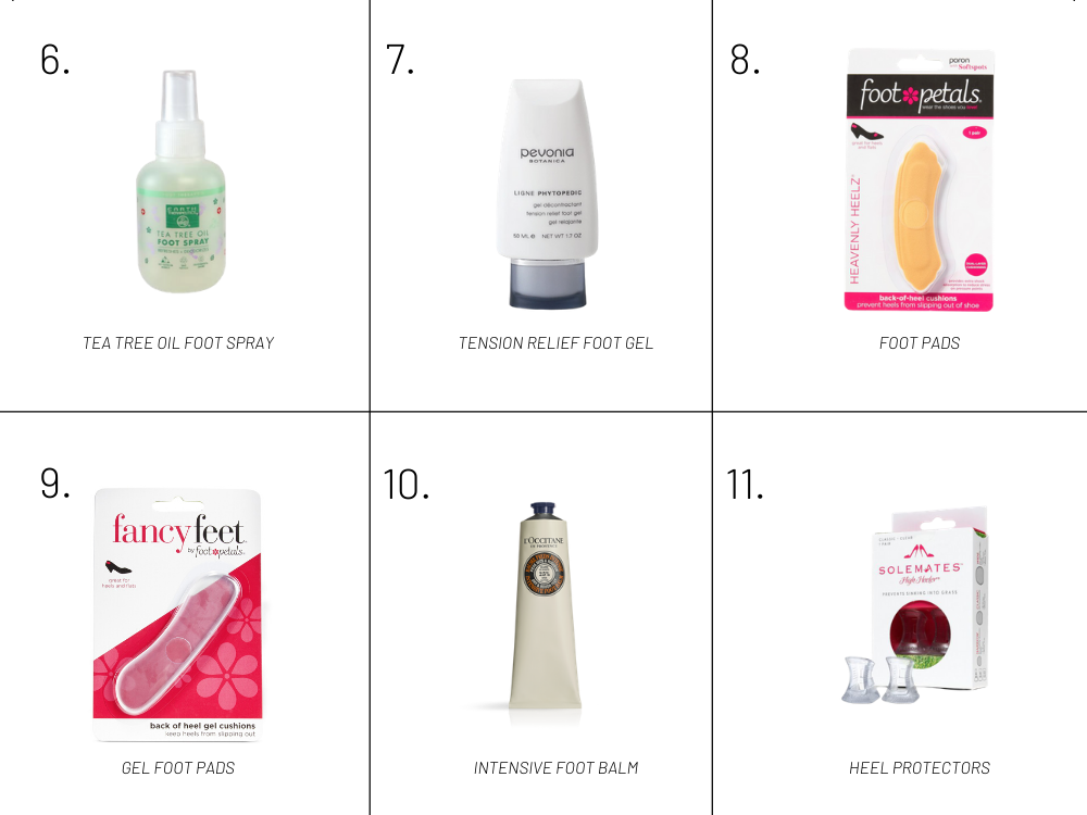 Women's fashion blogger, Erin Busbee, shares 13 style hacks and recommends foot spray, foot gel, foot pads, foot balm, and heel protectors for feet.