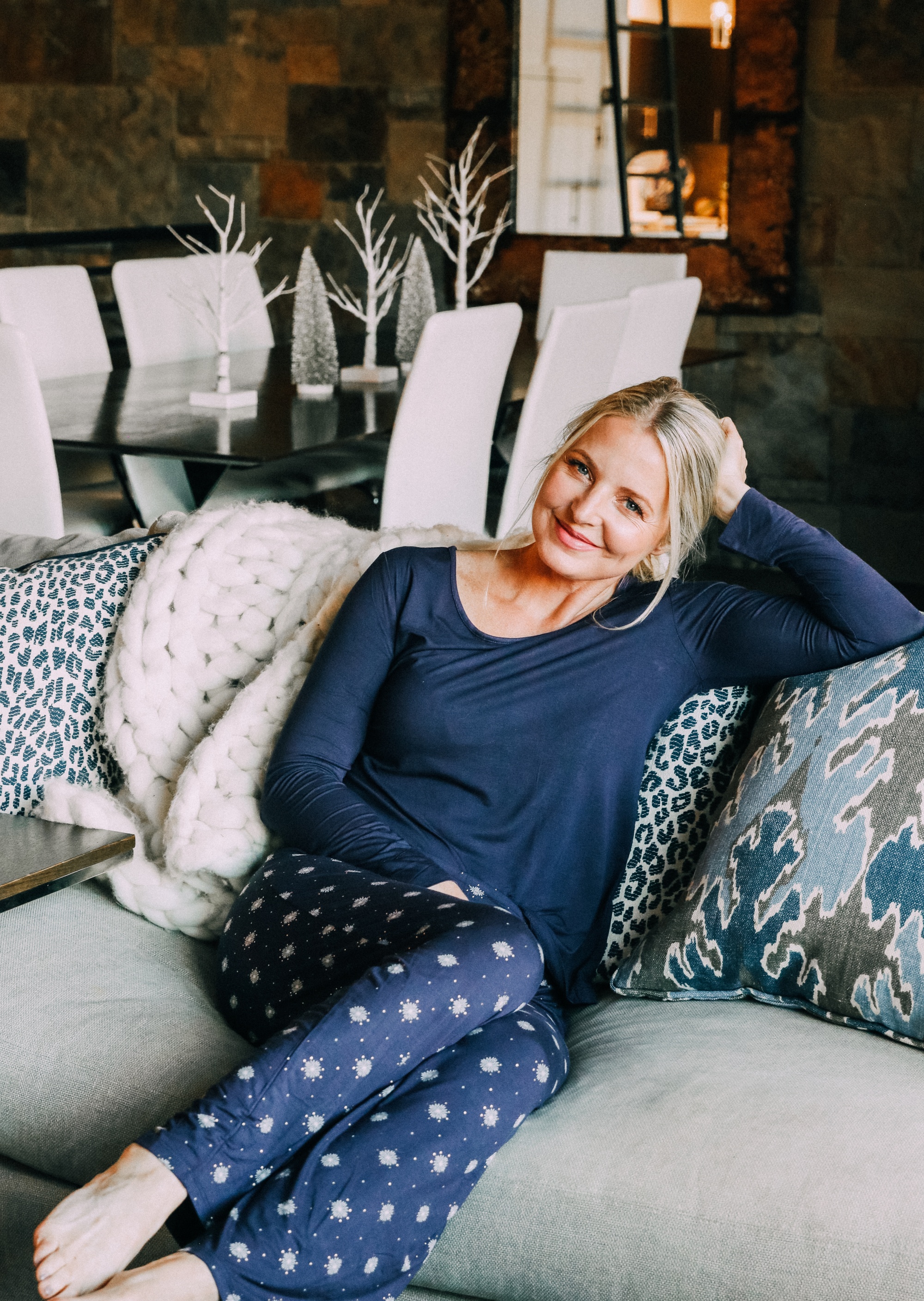 Best Pajama Sets, Fashion blogger Erin Busbee of BusbeeStyle.com featuring navy snowflake pajamas from Soma Intimates that are on major sale in Telluride, CO, how to help coronavirus relief