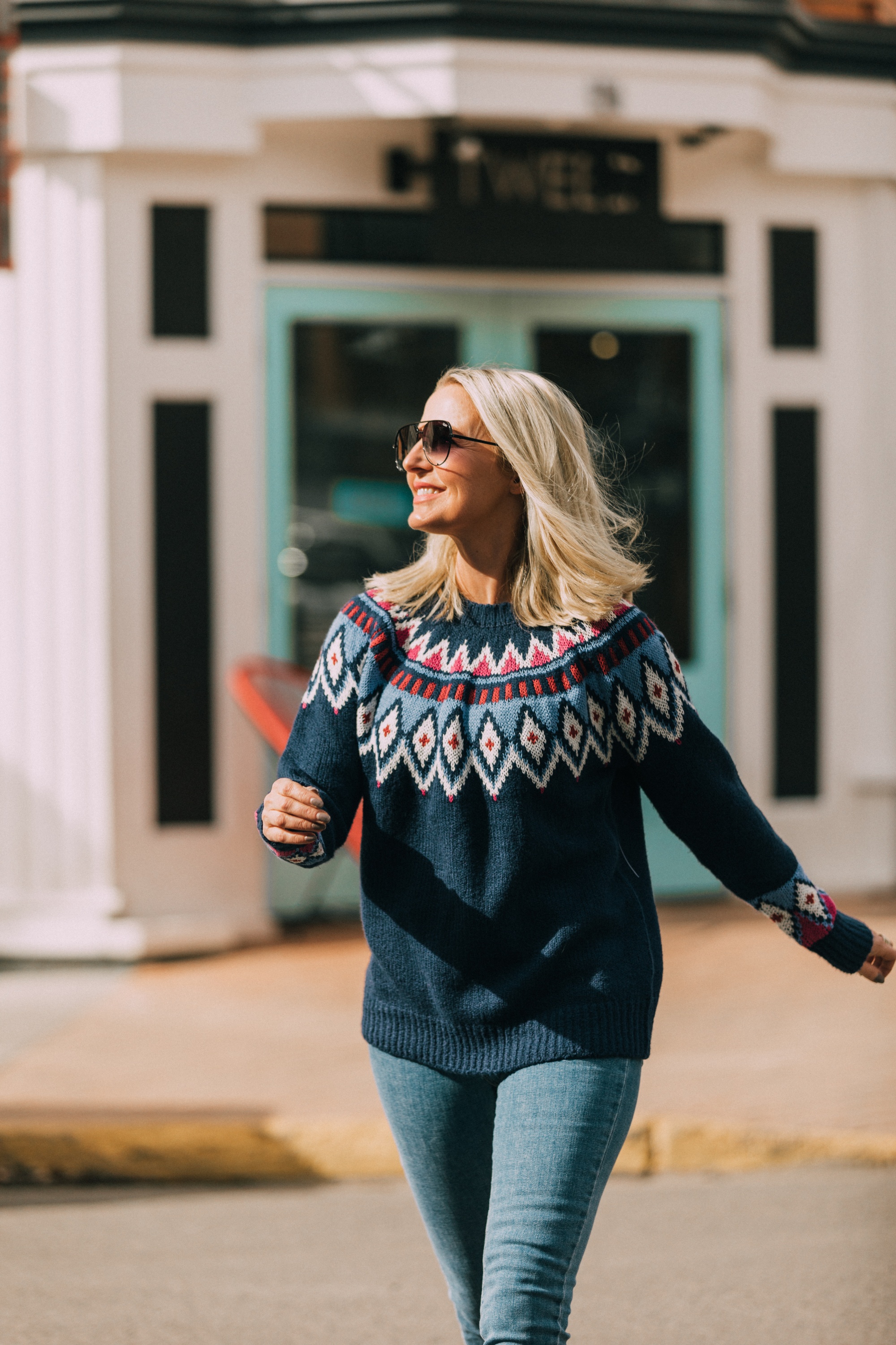 cheap affordable navy fair isle sweater work with blue jeans outfit JCPenney telluride colorado