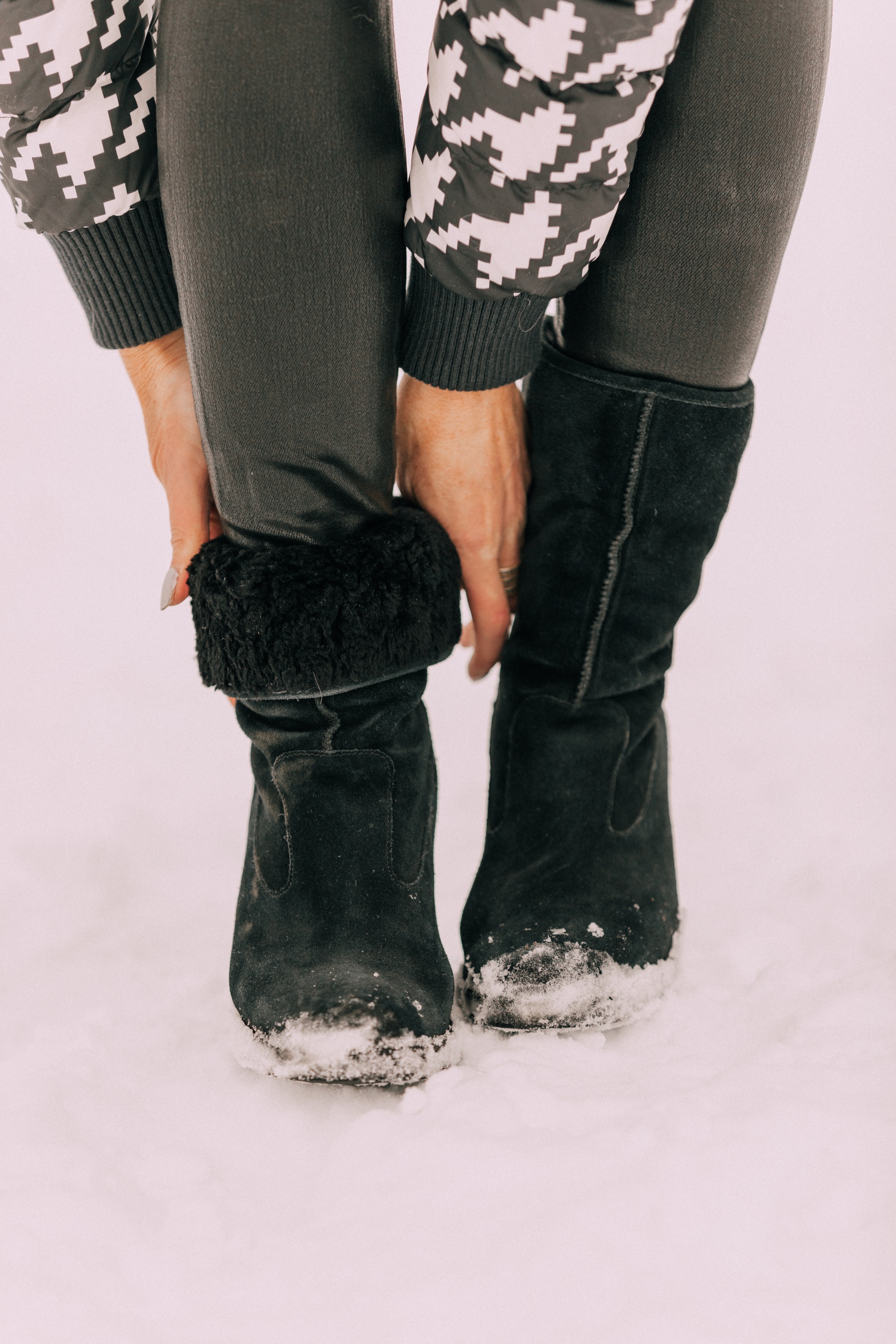 black wedge ugg boots with roll down fur detail, erin busbee fashion blogger over 40, cold weather accessories