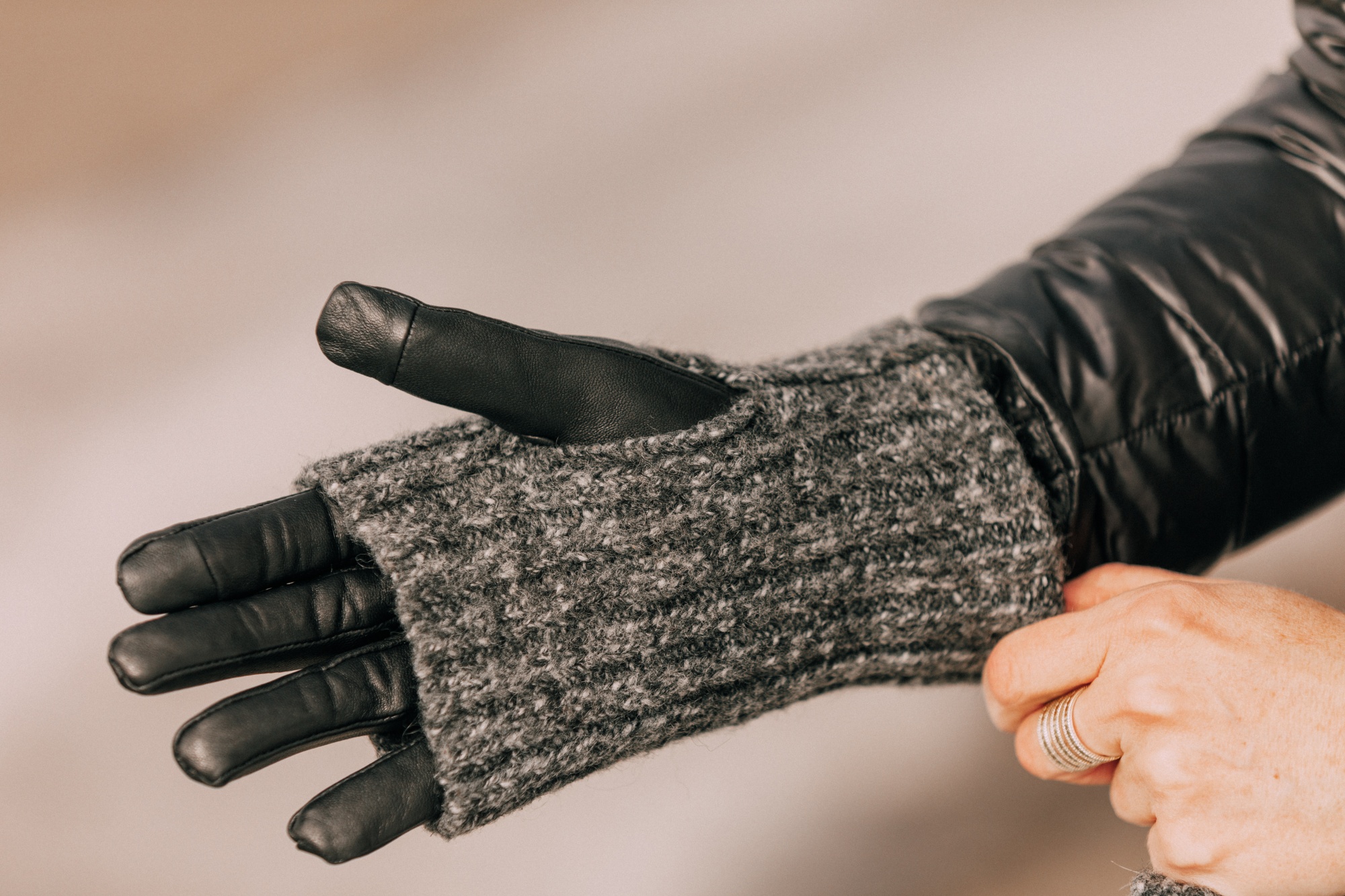 winter accessories, gray wool blend and black leather overlay texting gloves for cold weather, cold weather accessories