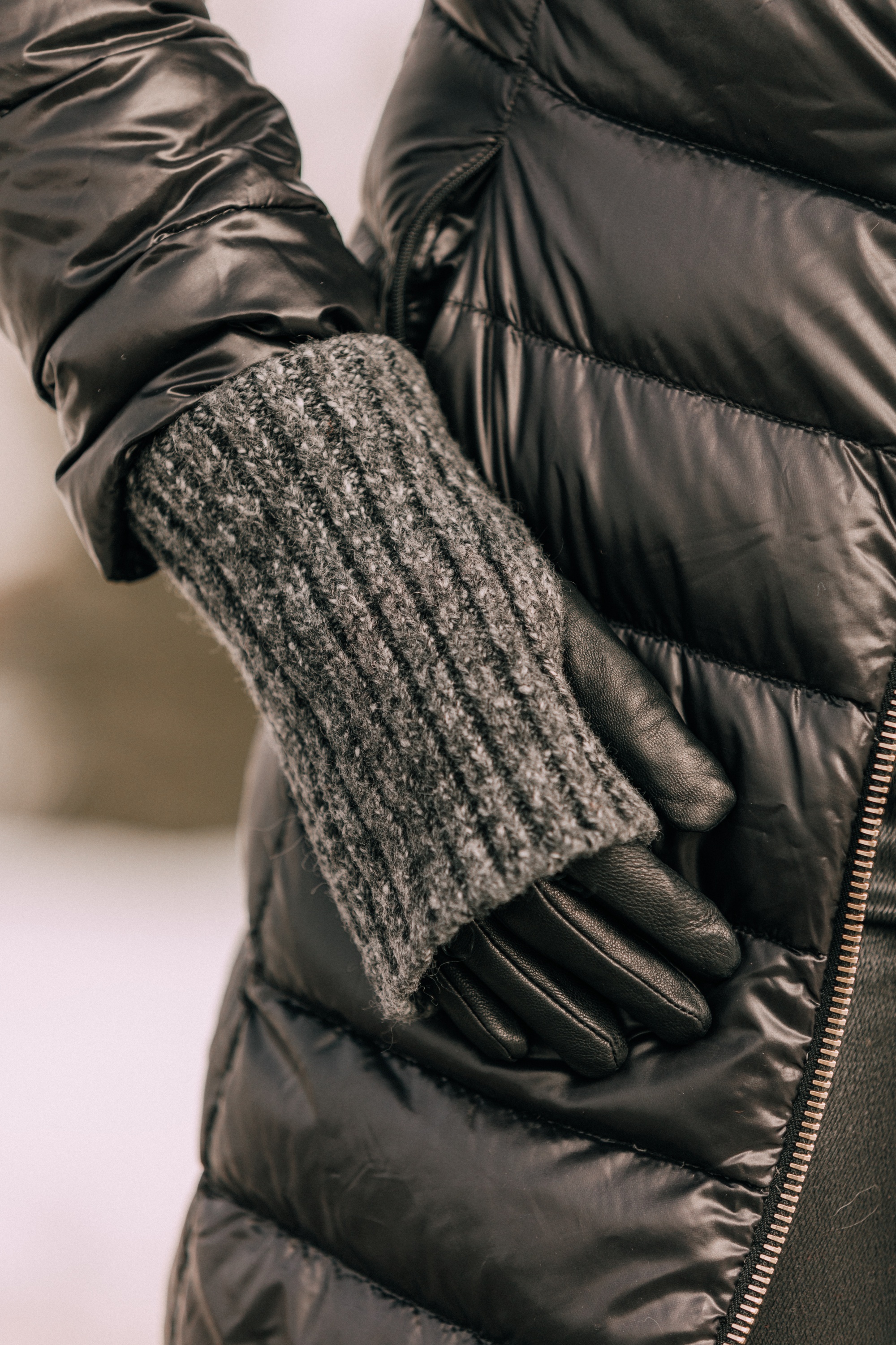 cold weather accessories featuring gray wool blend and black leather overlay texting gloves