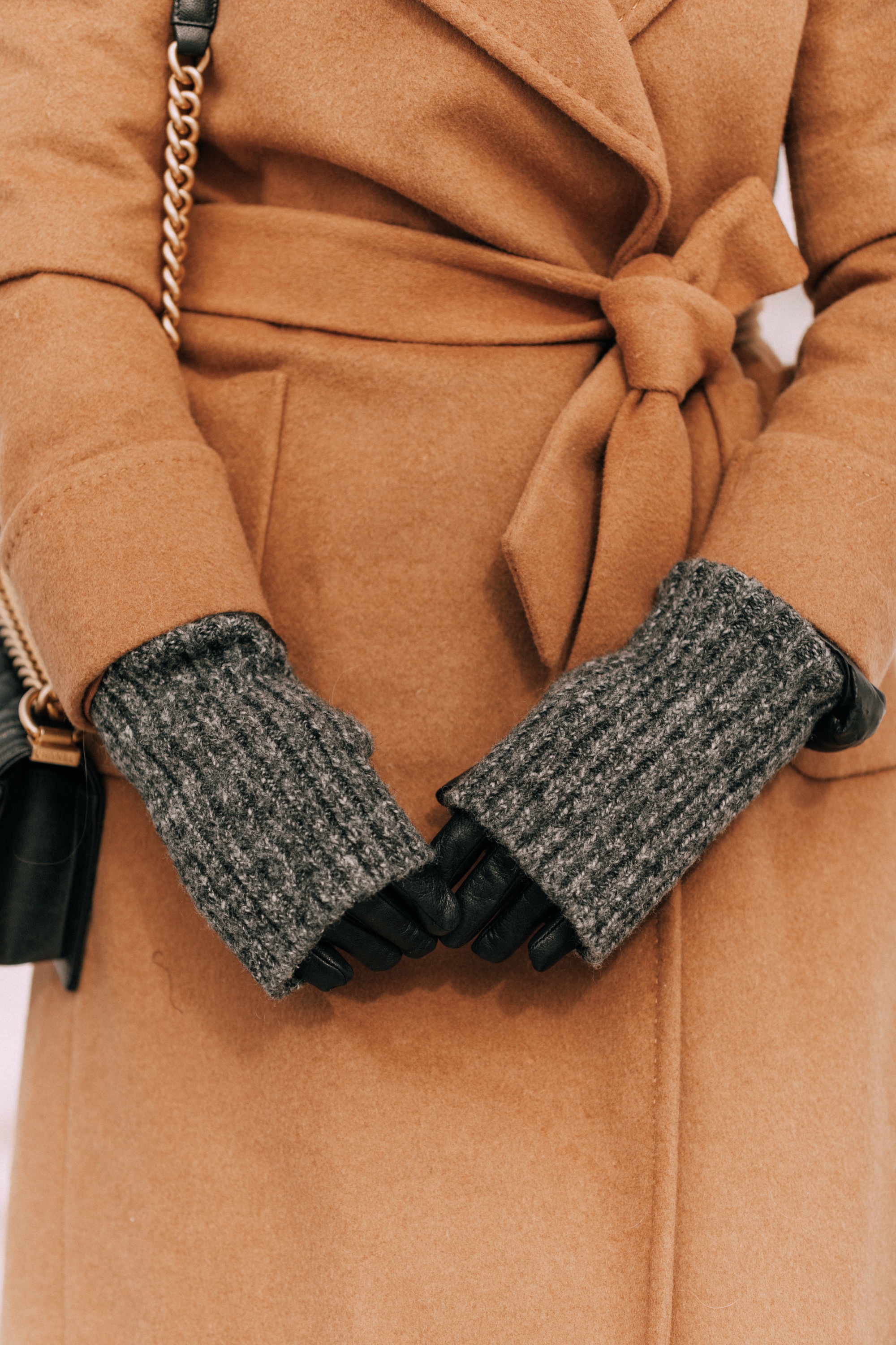 how to layer winter clothes to stay warm and look stylish, cold weather outfit with camel wool Mackage coat black gloves