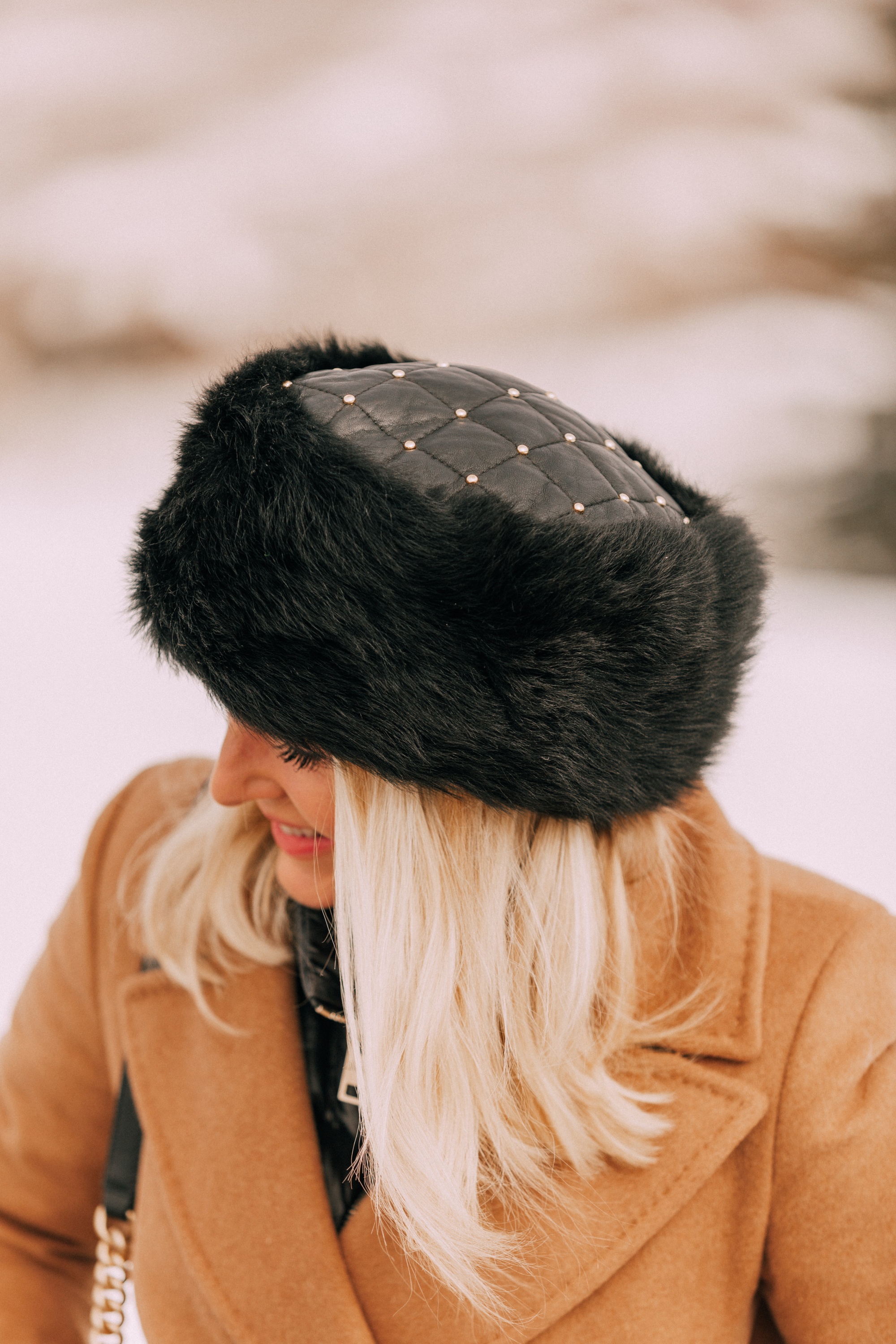 russian style faux fur black hat with rhinestone detail, Erin Busbee fashion blogger over 40, cold weather accessories