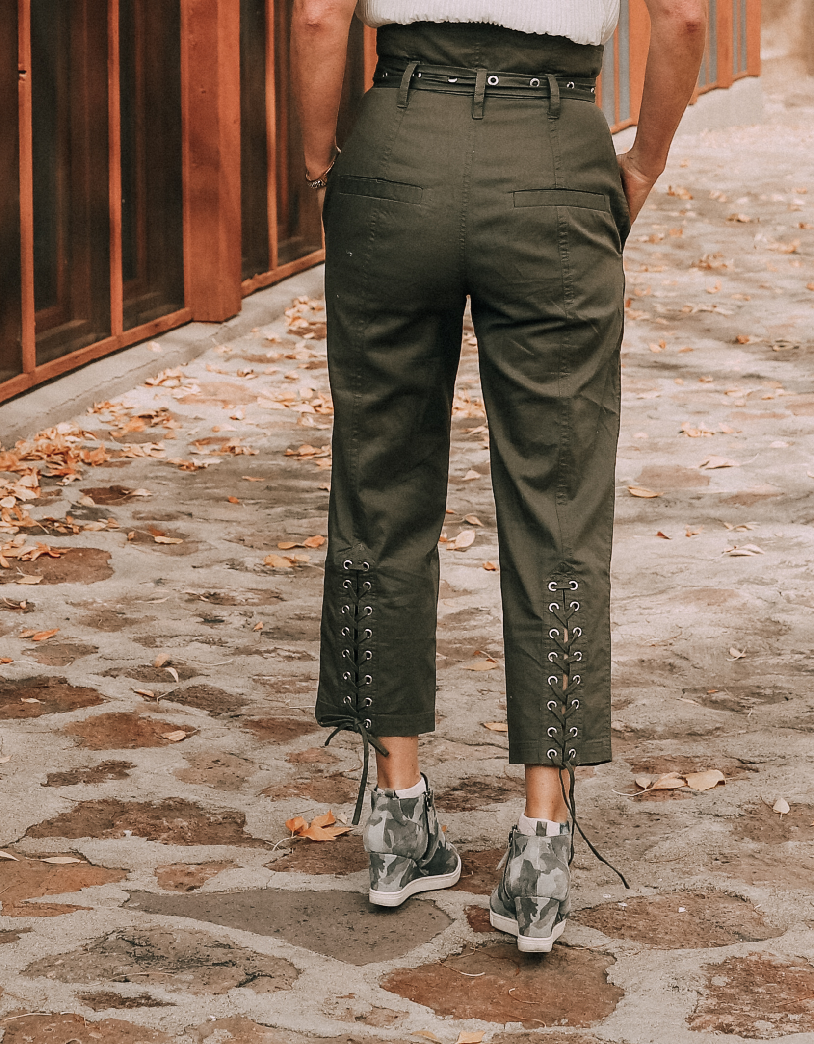 cropped army green pants with lace up detail