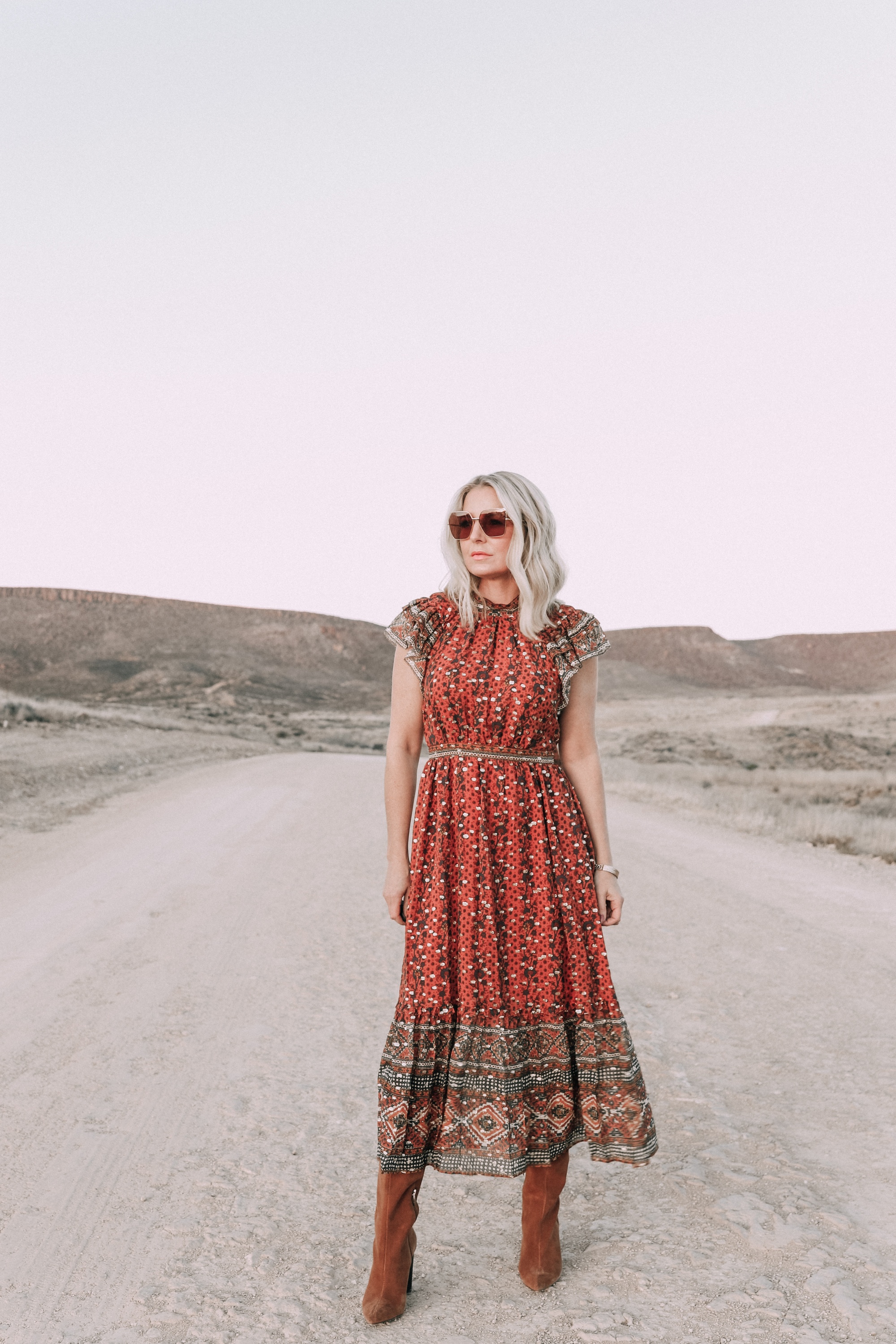 Ulla Johnson Dress, Fashion Blogger Erin Busbee of BusbeeStyle.com wearing the Ulla Johnson Alistair Dress with brown suede boots at Cibolo Creek Ranch in Texas