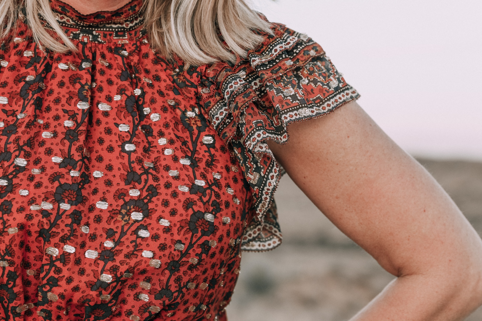sleeve detail on Ulla Johnson Alastair red Dress fashion blogger over 40 Busbee Style at Cibolo Creek Ranch in Texas